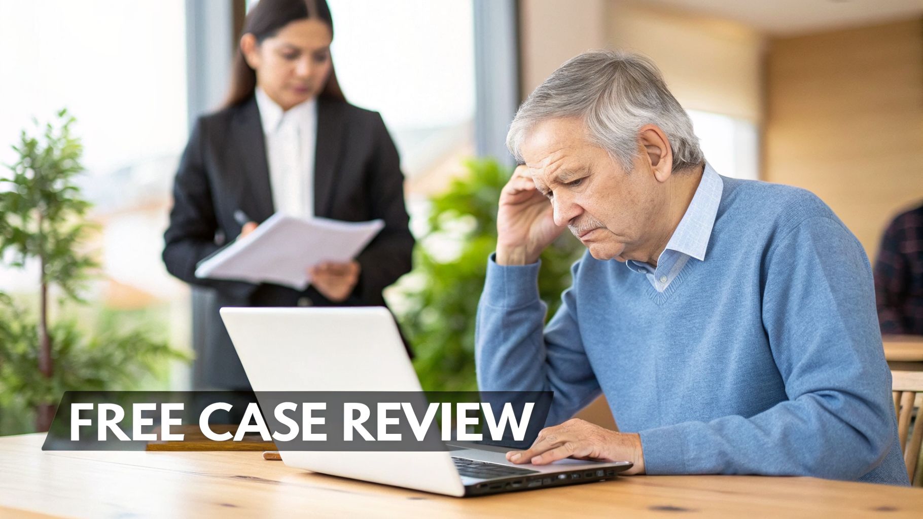 A distressed senior man on a laptop, a woman reviewing documents, with a 'FREE CASE REVIEW' banner.