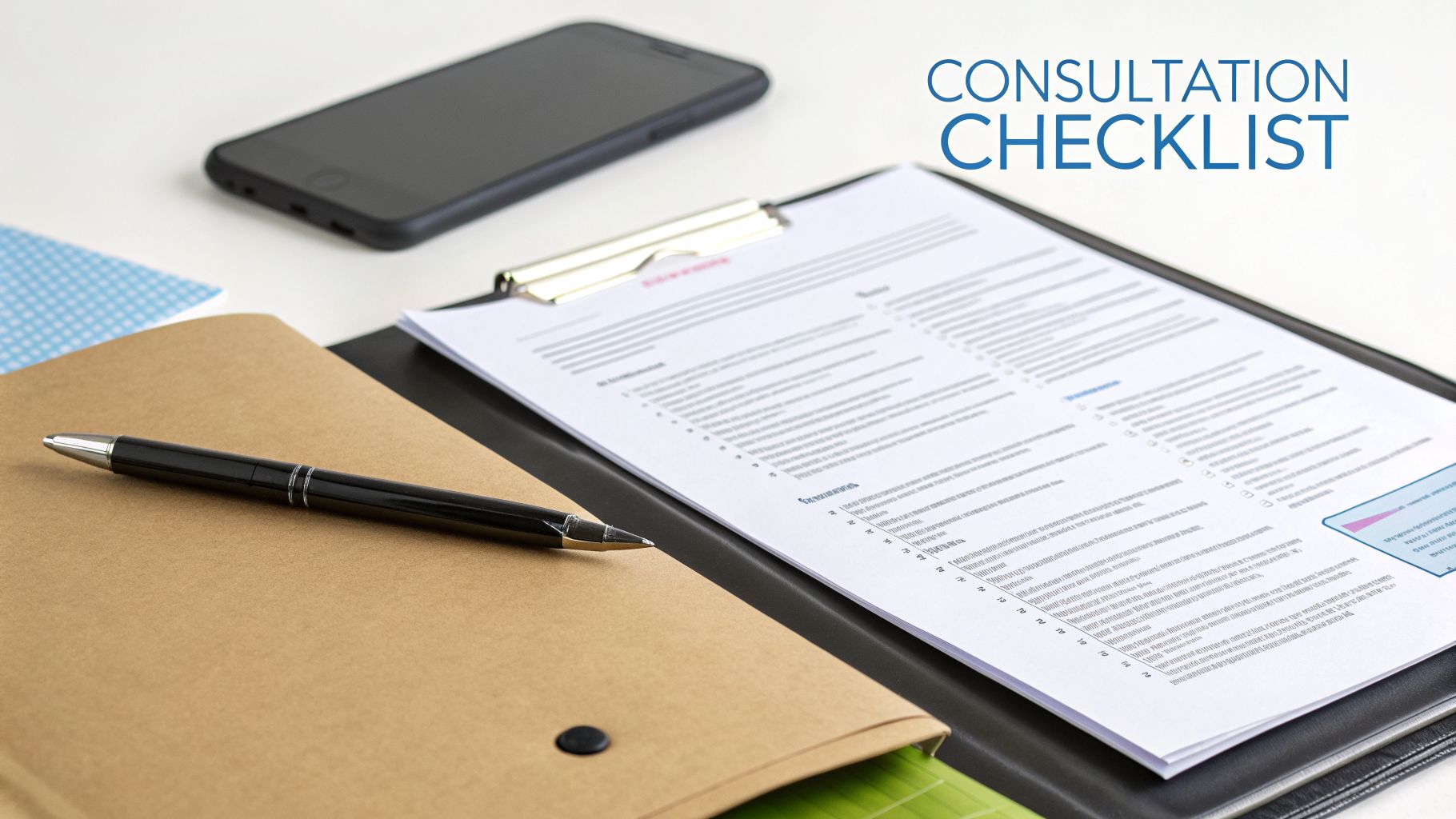 Overhead view of a desk with a 'CONSULTATION CHECKLIST' document, pen, notebook, and smartphone.