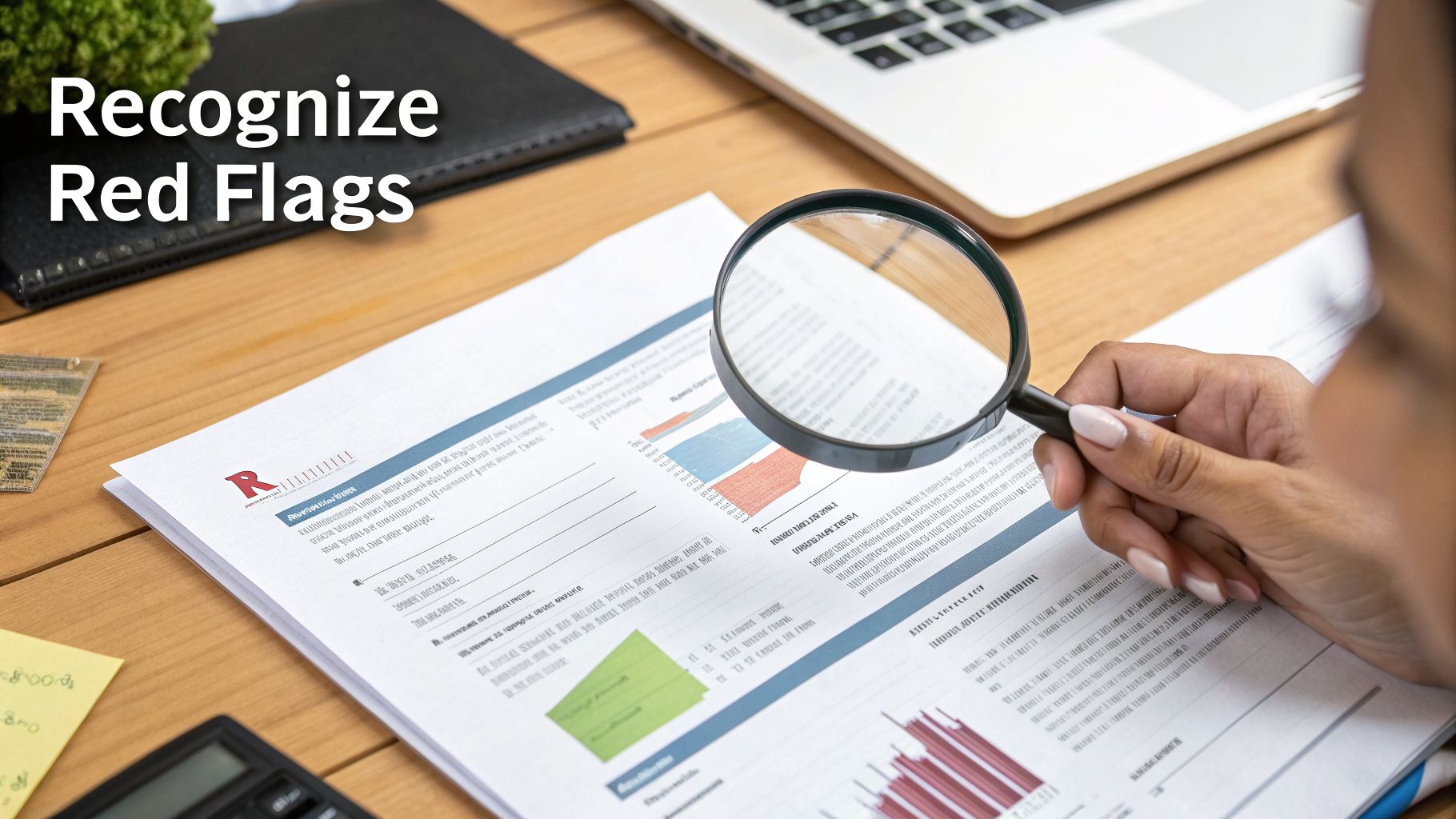 A person carefully examines financial documents with a magnifying glass to identify key details.