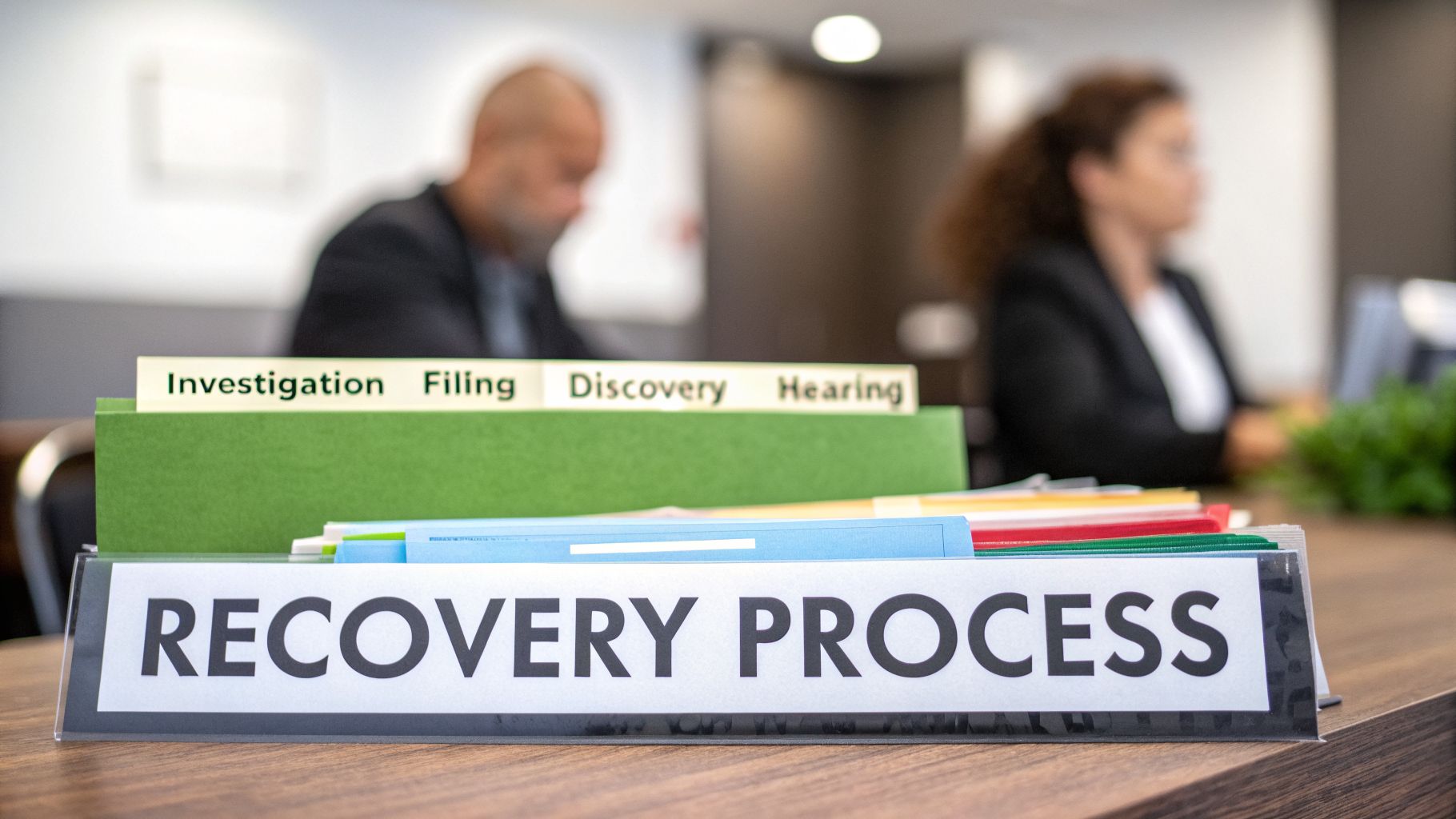 Desk with file folders labeled 'Investigation', 'Filing', 'Discovery', 'Hearing', and a 'RECOVERY PROCESS' sign.