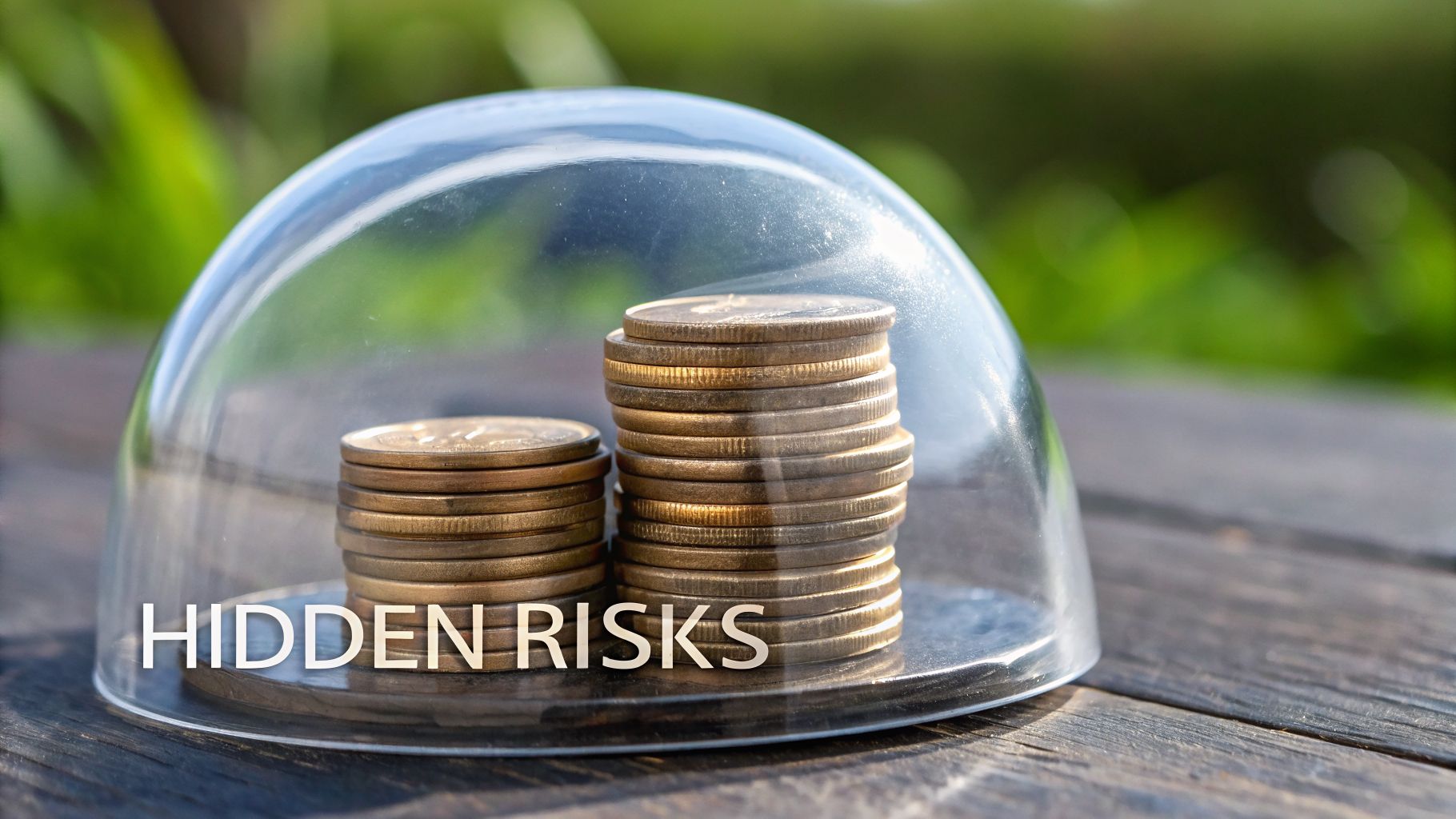 Two stacks of coins protected by a glass dome, with the text 'HIDDEN RISKS'.