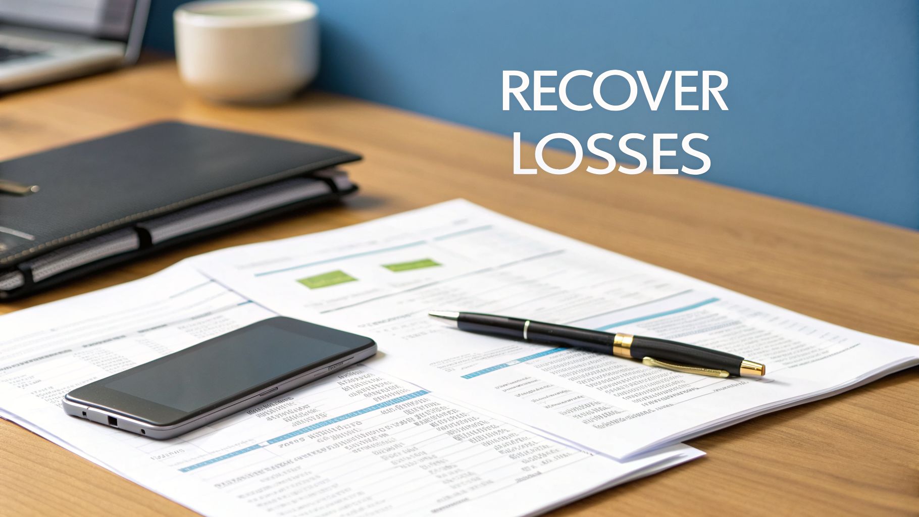 A desk with business documents, a smartphone, pen, and folder, with text 'RECOVER LOSSES' on a blue background.