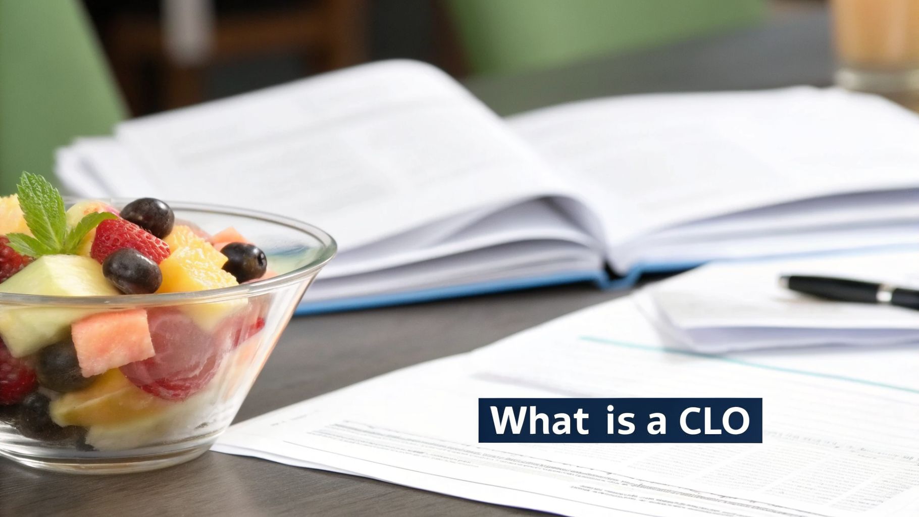 Fresh fruit salad, an open book, papers, and a pen on a desk, with text 'What is a CLO'.