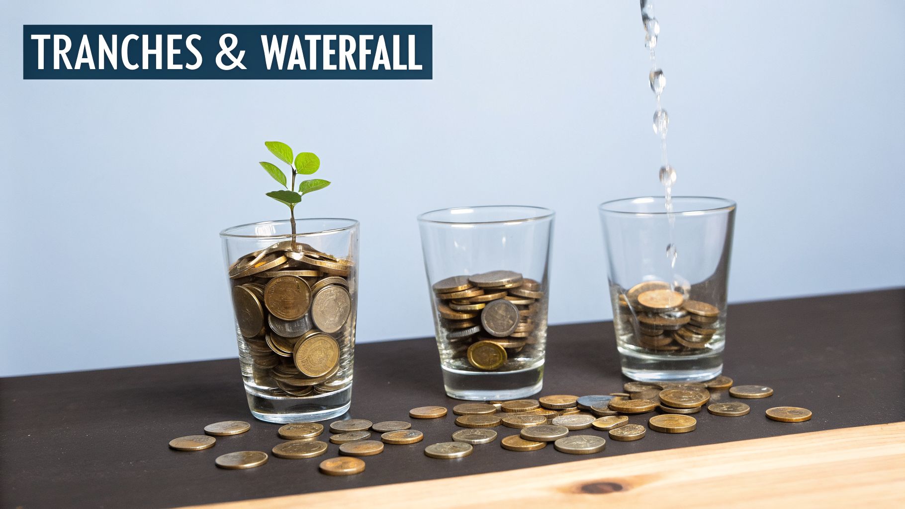 Three glasses with coins, depicting financial tranches and a waterfall distribution, with a growing plant.