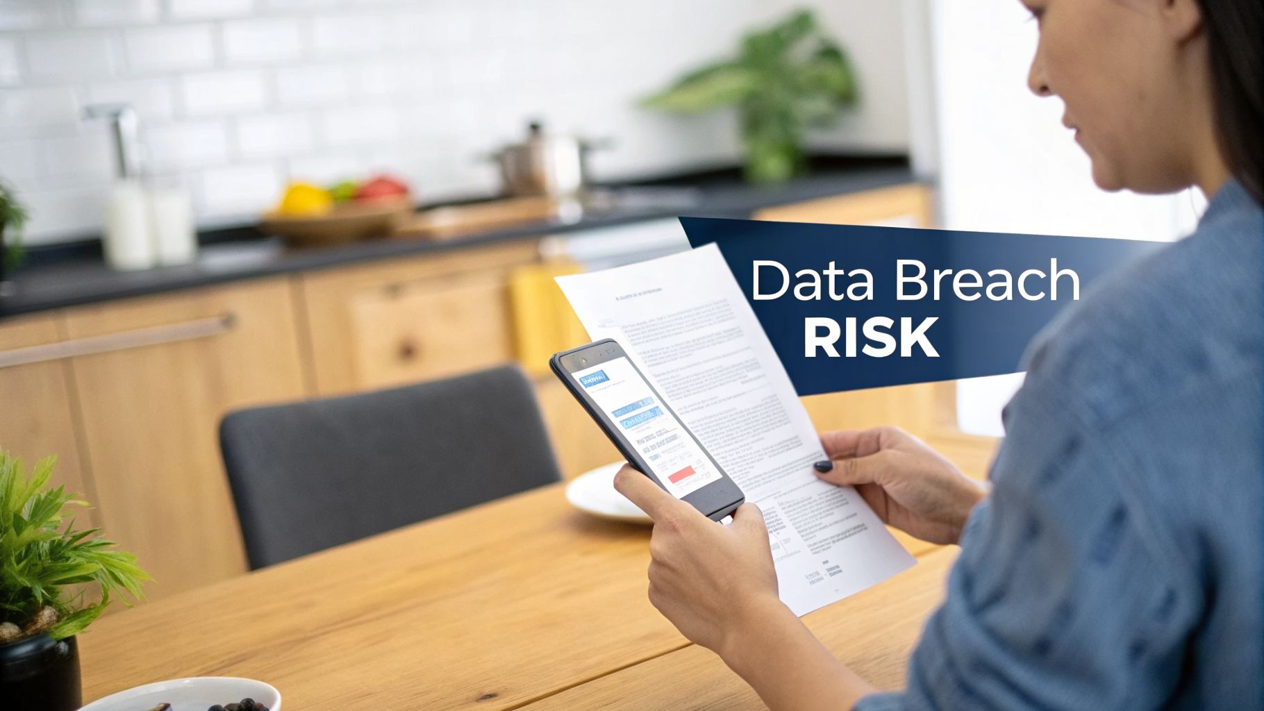 A person reviewing a document and smartphone, with a 'Data Breach RISK' overlay, in a home kitchen setting.