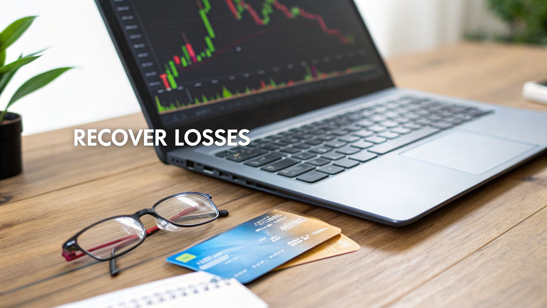 A laptop displays financial charts, alongside reading glasses and credit cards on a wooden desk, with 'RECOVER LOSSES' text.