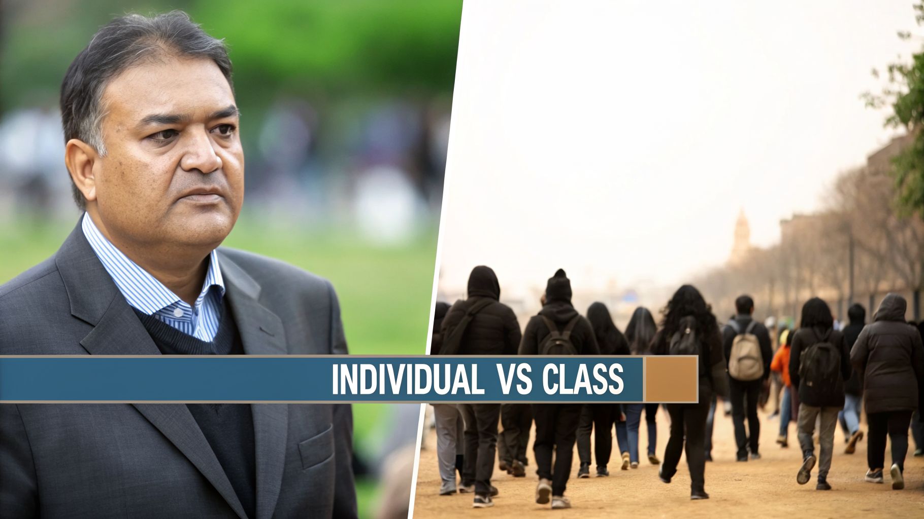 Split image showing an individual man on the left and a diverse group of people walking on the right, with 'INDIVIDUAL VS CLASS' text.