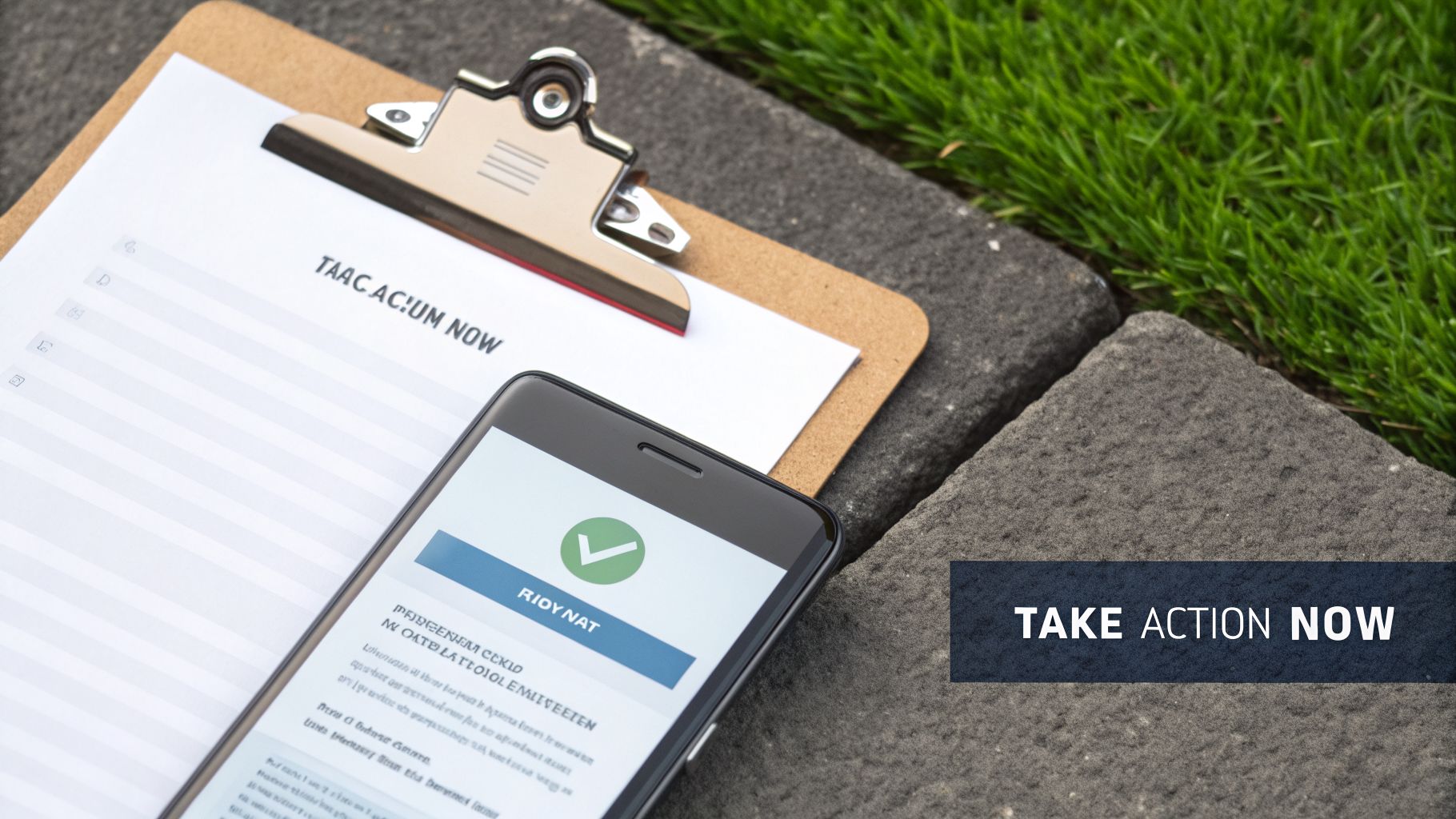 A clipboard, smartphone with a green checkmark, and 'Take Action Now' banner on outdoor paving with grass.