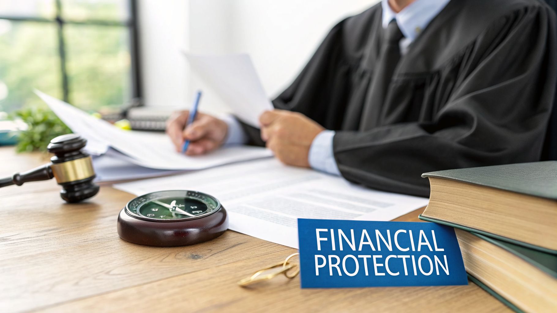 A lawyer's desk with a gavel, legal documents, and a 'FINANCIAL PROTECTION' sign.