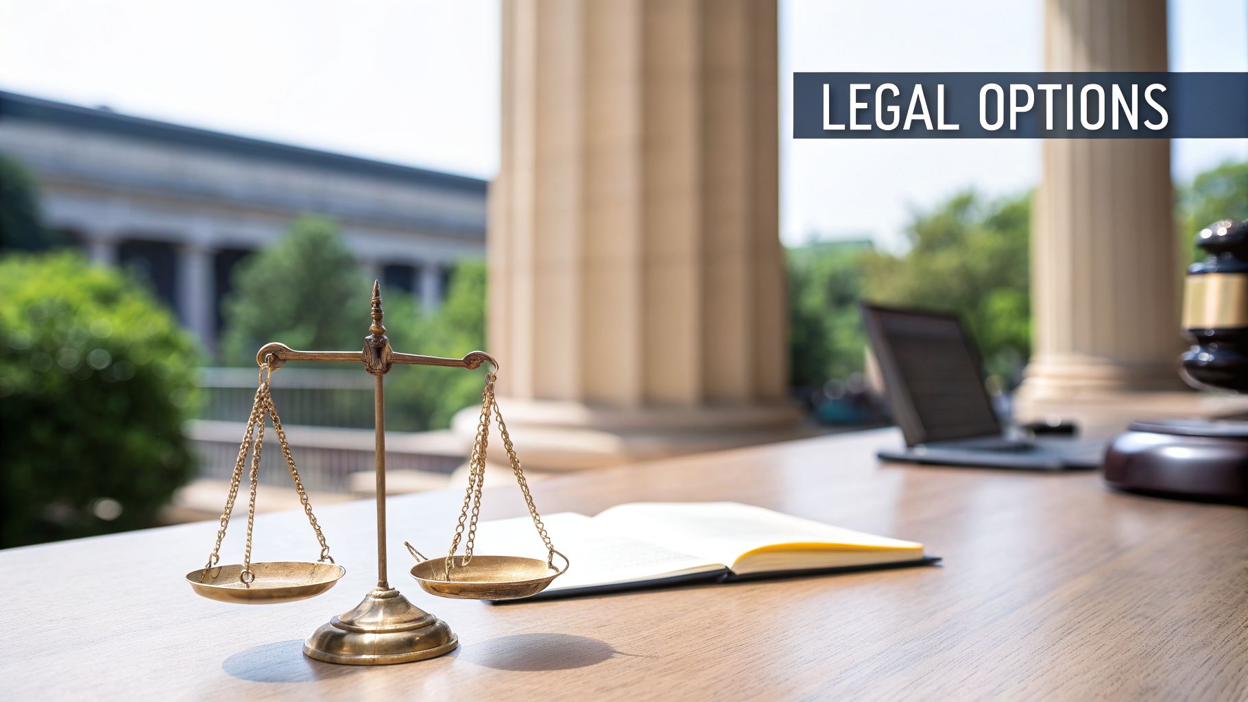 Scales of justice on a desk with a laptop, book, and gavel, under a 'Legal Options' banner.