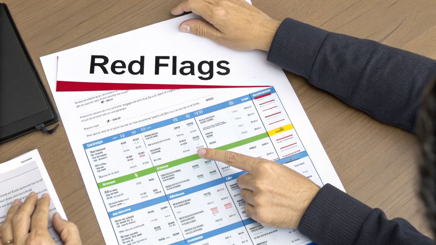 A person's hands pointing at a document titled "Red Flags" with highlighted financial data, indicating analysis.