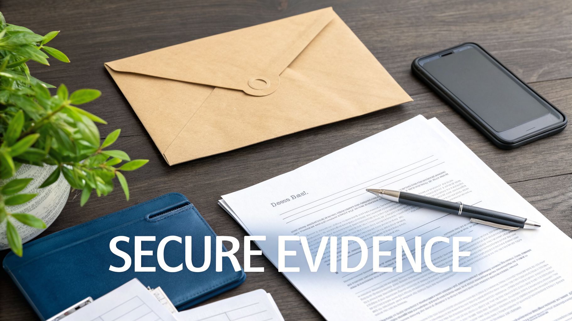 A wooden desk with a plant, brown envelope, smartphone, pen on legal documents, and a blue folder with the text "SECURE EVIDENCE".