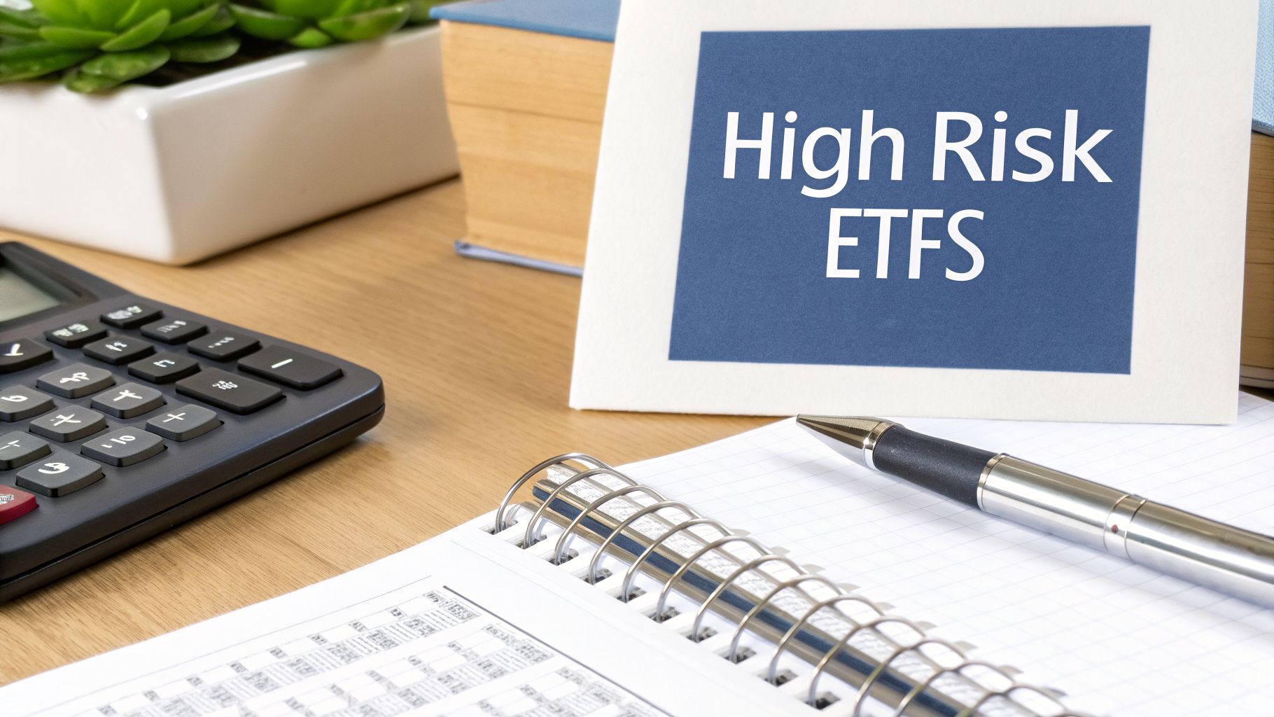 A calculator, notebook, and pen on a desk next to a card displaying 'High Risk ETFs'.