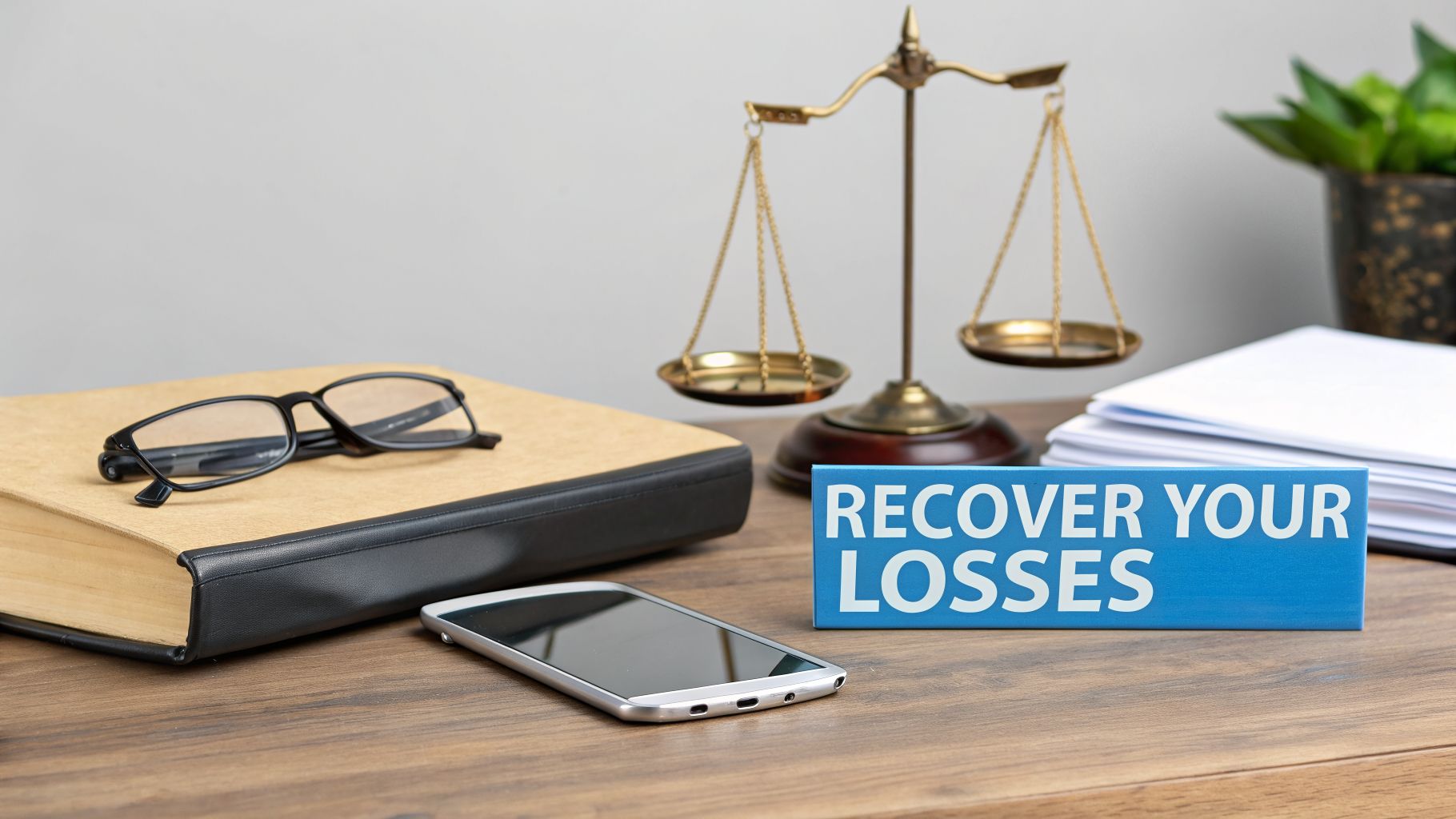A desk with legal items: a book, glasses, smartphone, scales of justice, and a 'RECOVER YOUR LOSSES' sign.