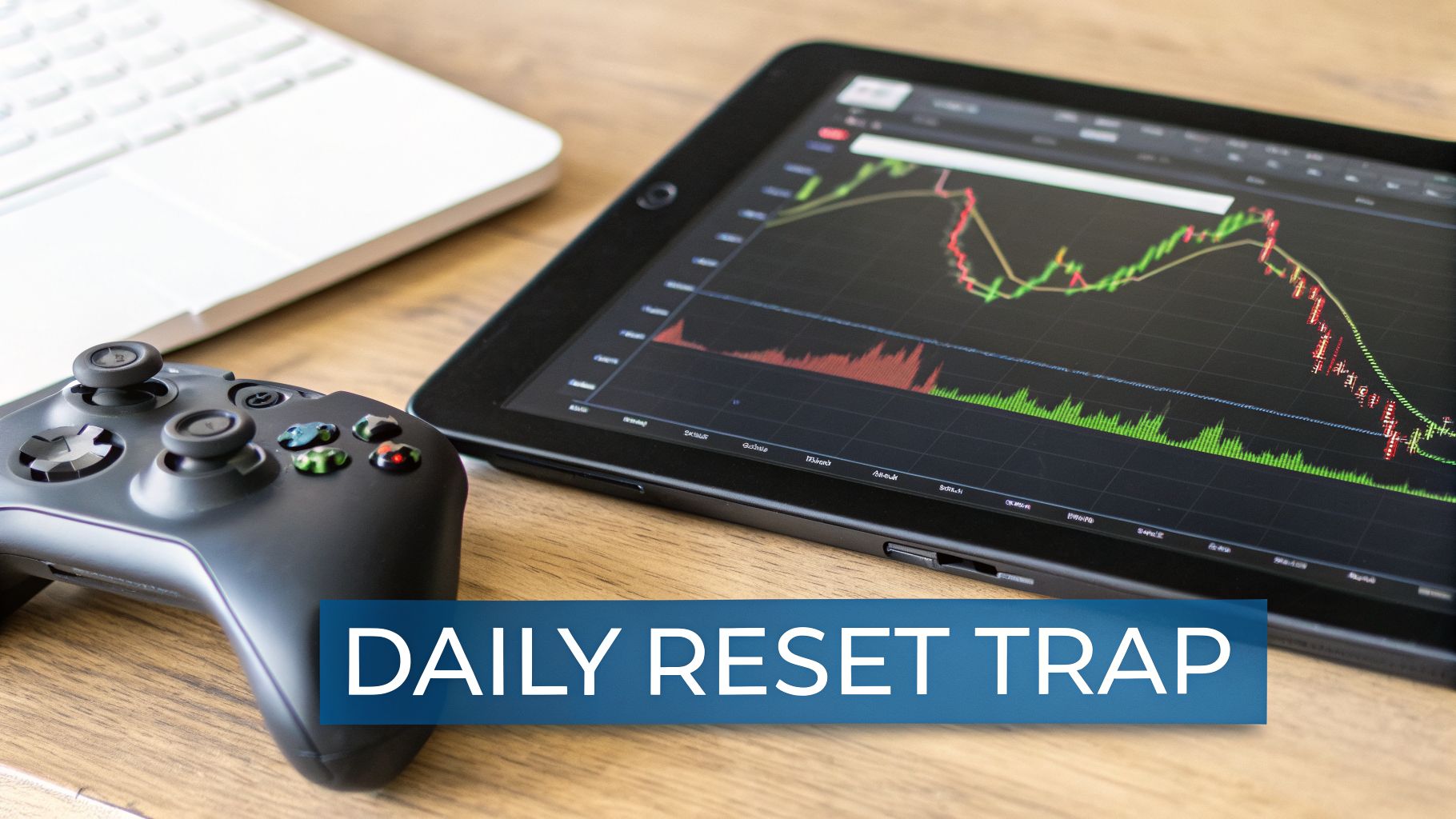 A gaming controller sits beside a tablet displaying financial charts, with a laptop keyboard in the background.