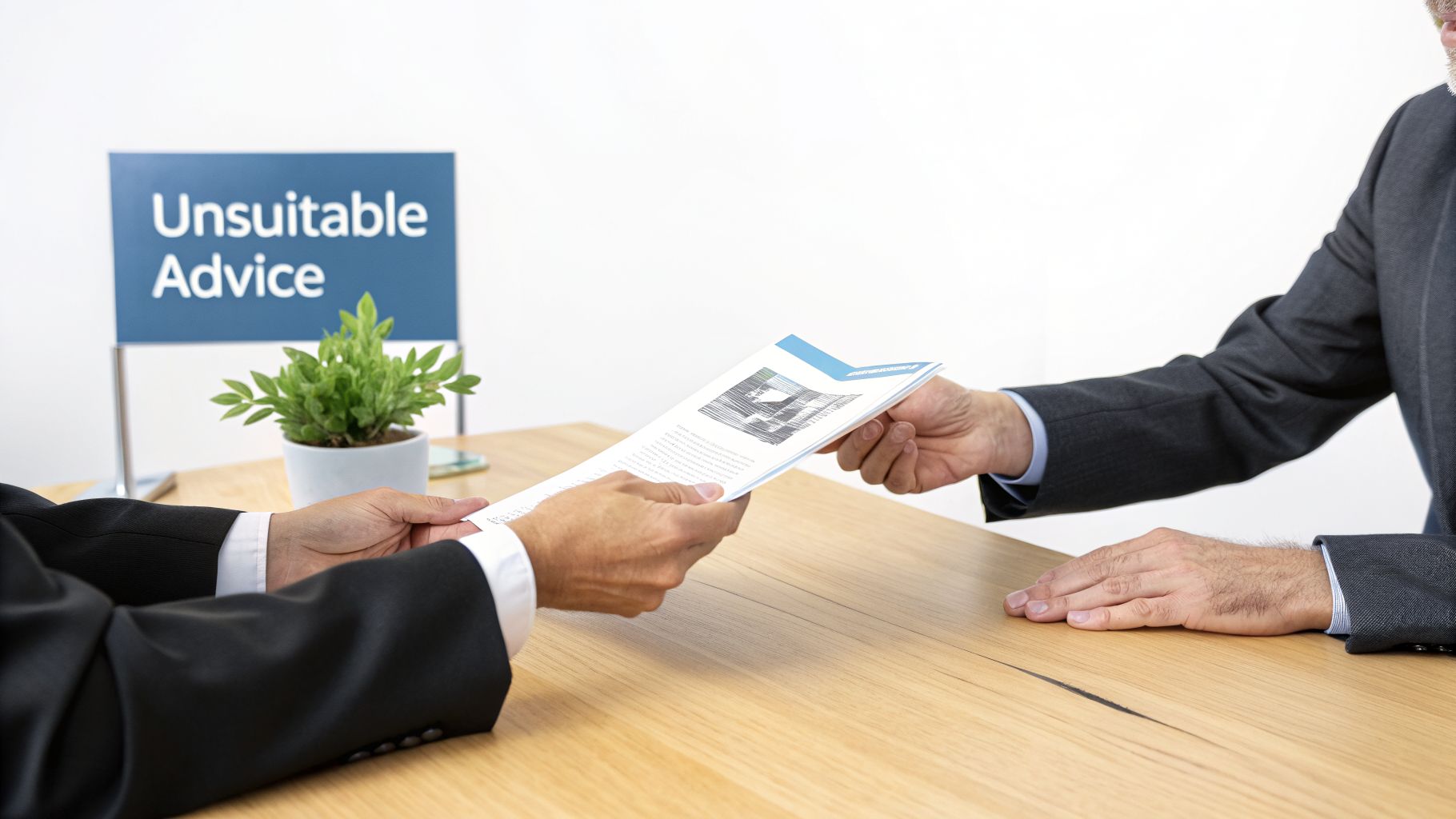 Two professionals exchange a document across a table, with a blue sign reading 'Unsuitable Advice' in the background.