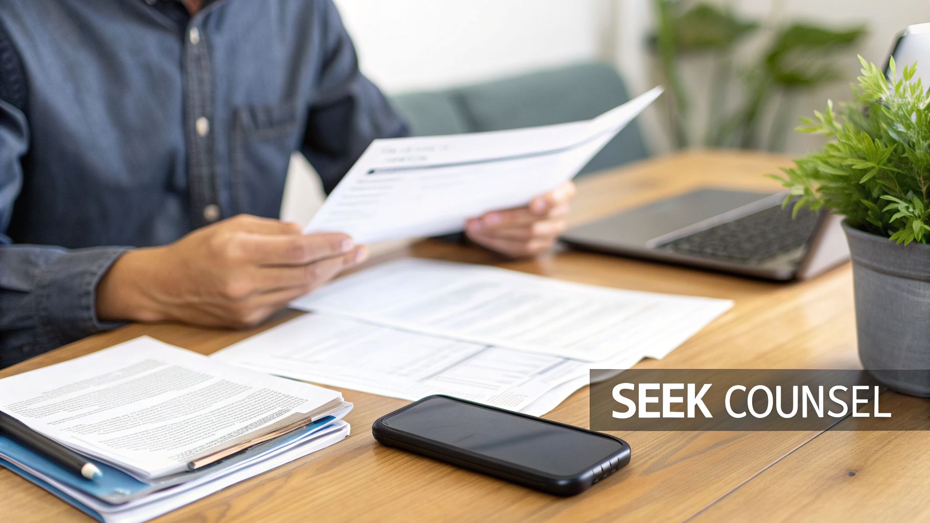A person reviewing legal documents at a wooden desk with a laptop, smartphone, and potted plant.