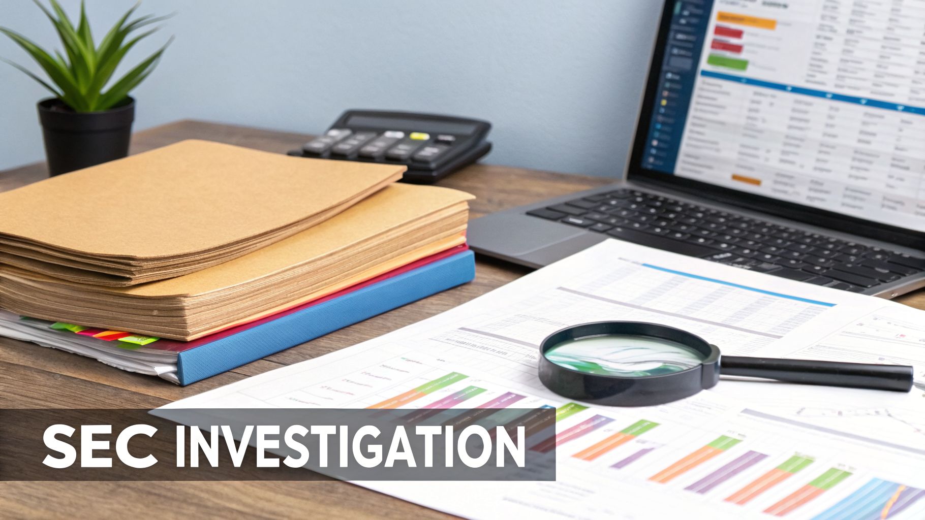 Files, laptop, and magnifying glass on a desk, representing a Securities and Exchange Commission investigation.