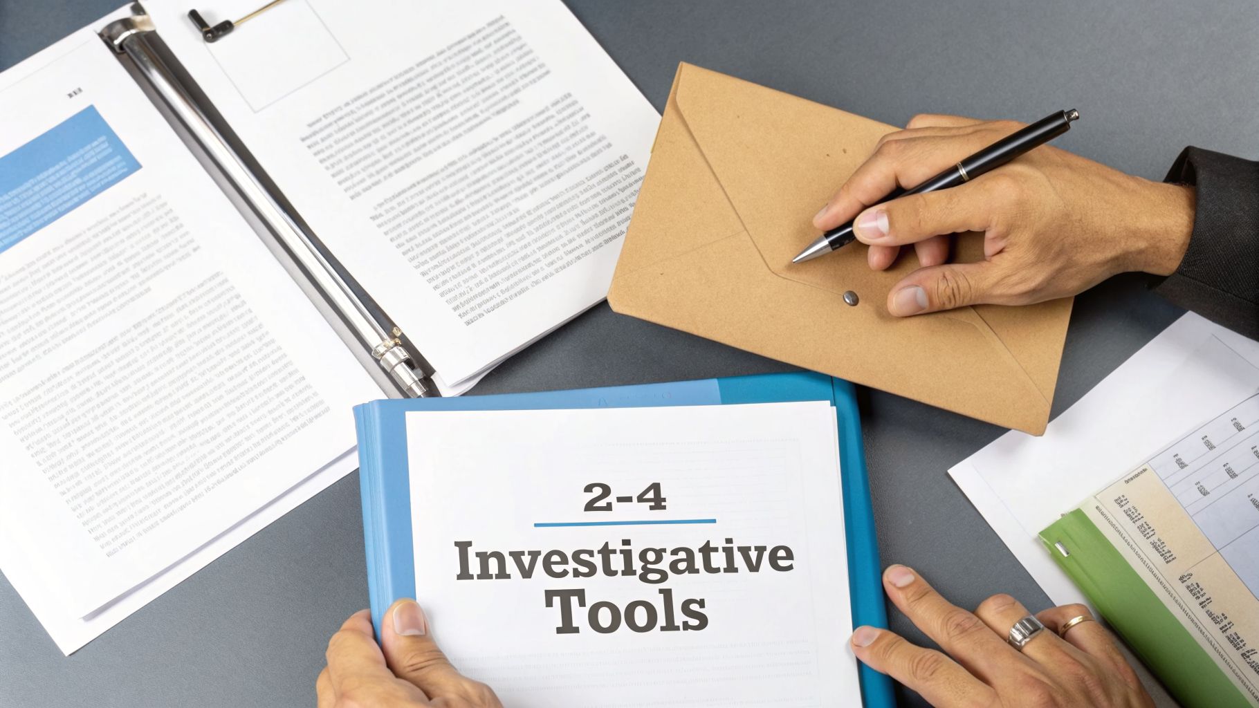 Hands reviewing documents, including a binder titled 'Investigative Tools', on a professional desk.