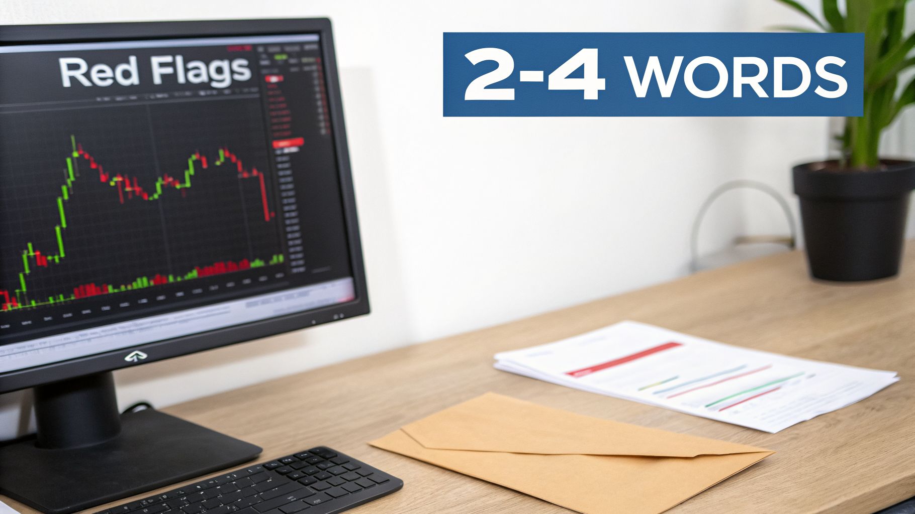 A computer monitor displays 'Red Flags' on a stock chart, alongside a keyboard and documents on a wooden desk.