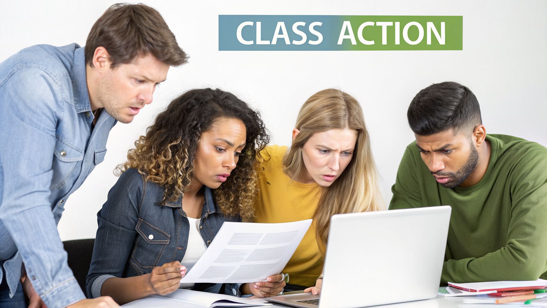 Four diverse individuals intently reviewing documents and a laptop, showing concern or concentration.