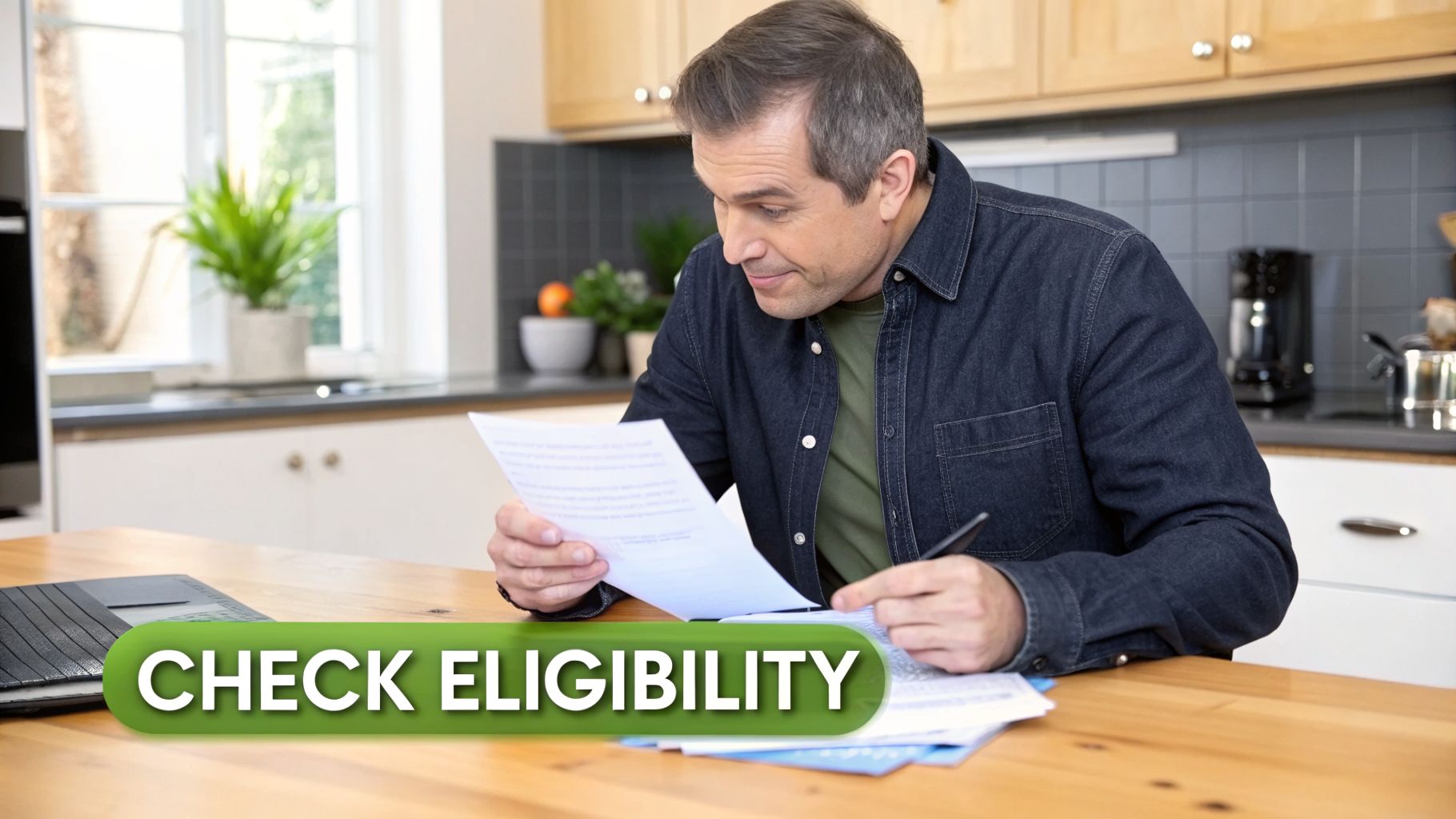 A man reviews documents at a kitchen table with 'CHECK ELIGIBILITY' overlay.