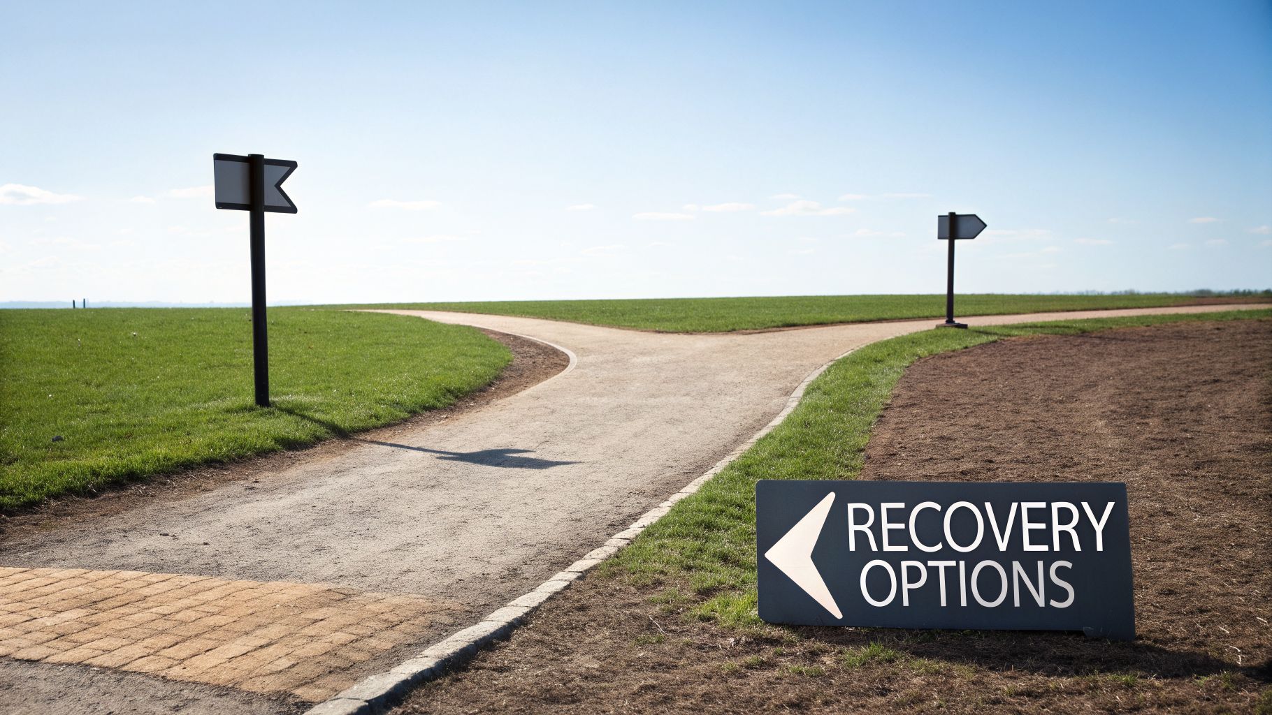 A fork in a path with a sign pointing left to 'Recovery Options' under a blue sky.