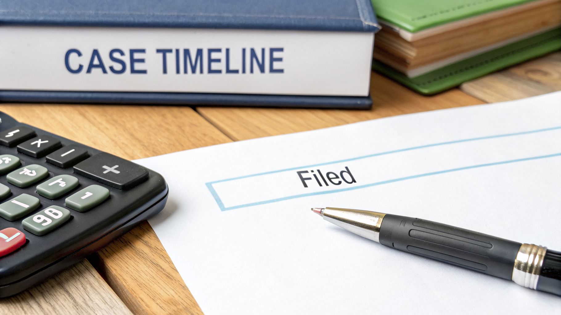 A legal document labeled 'Filed' rests on a wooden desk next to a 'CASE TIMELINE' binder, a calculator, and a pen.