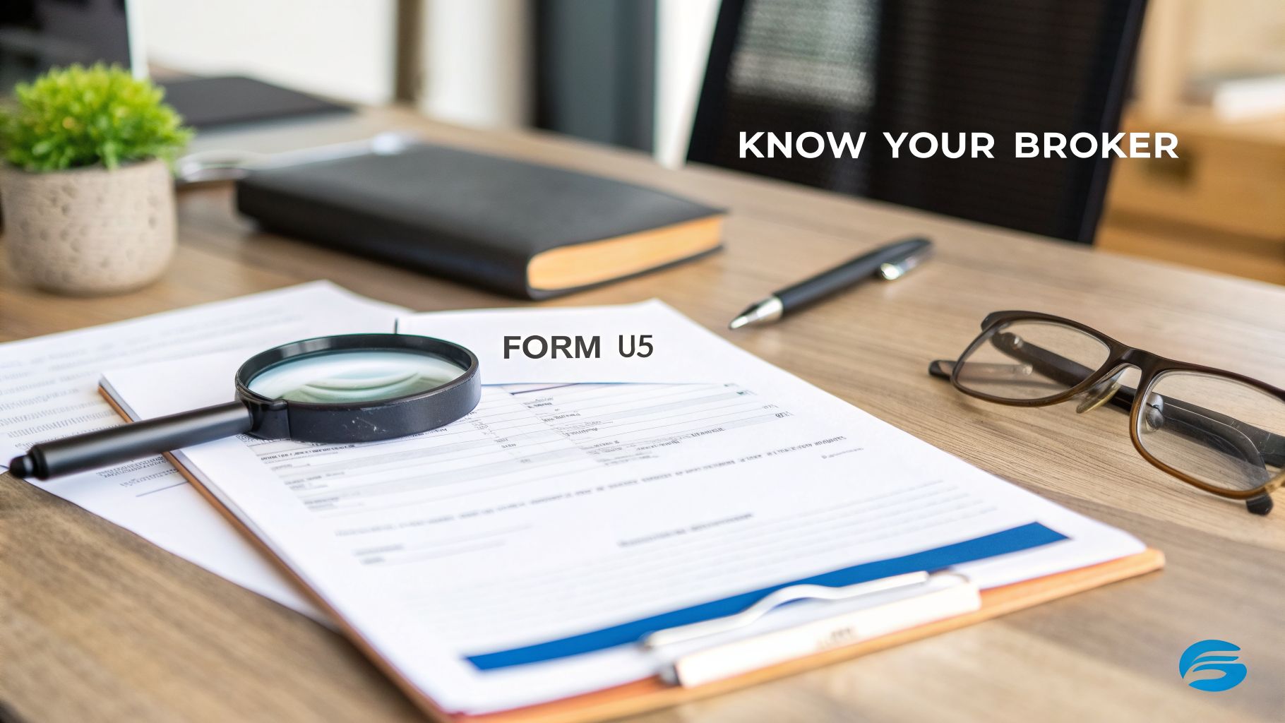 A magnifying glass rests on a Form U5 document on a desk, with text 'Know Your Broker'.