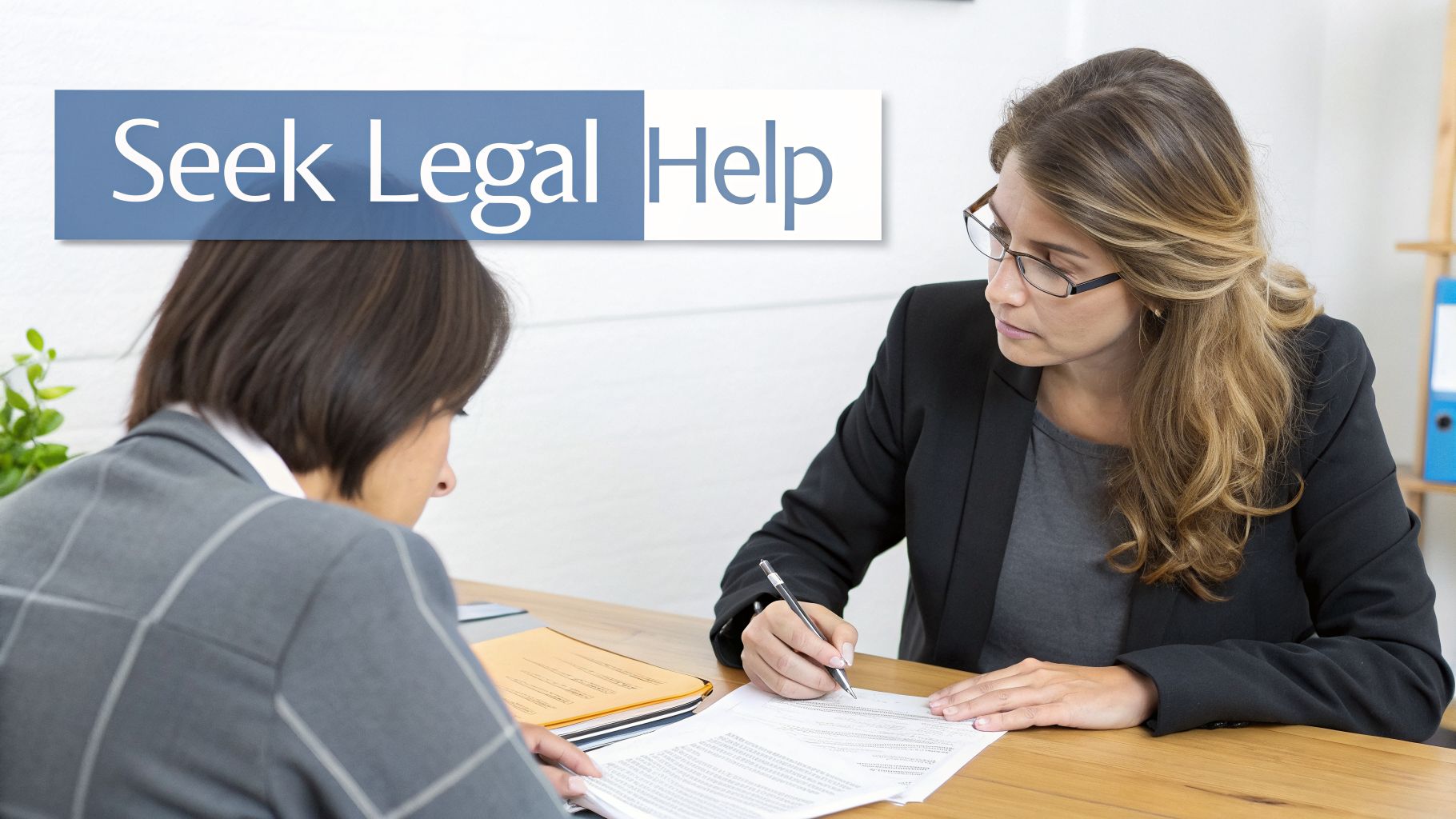Two women, possibly a lawyer and client, reviewing legal documents at a desk under a 'Seek Legal Help' sign.