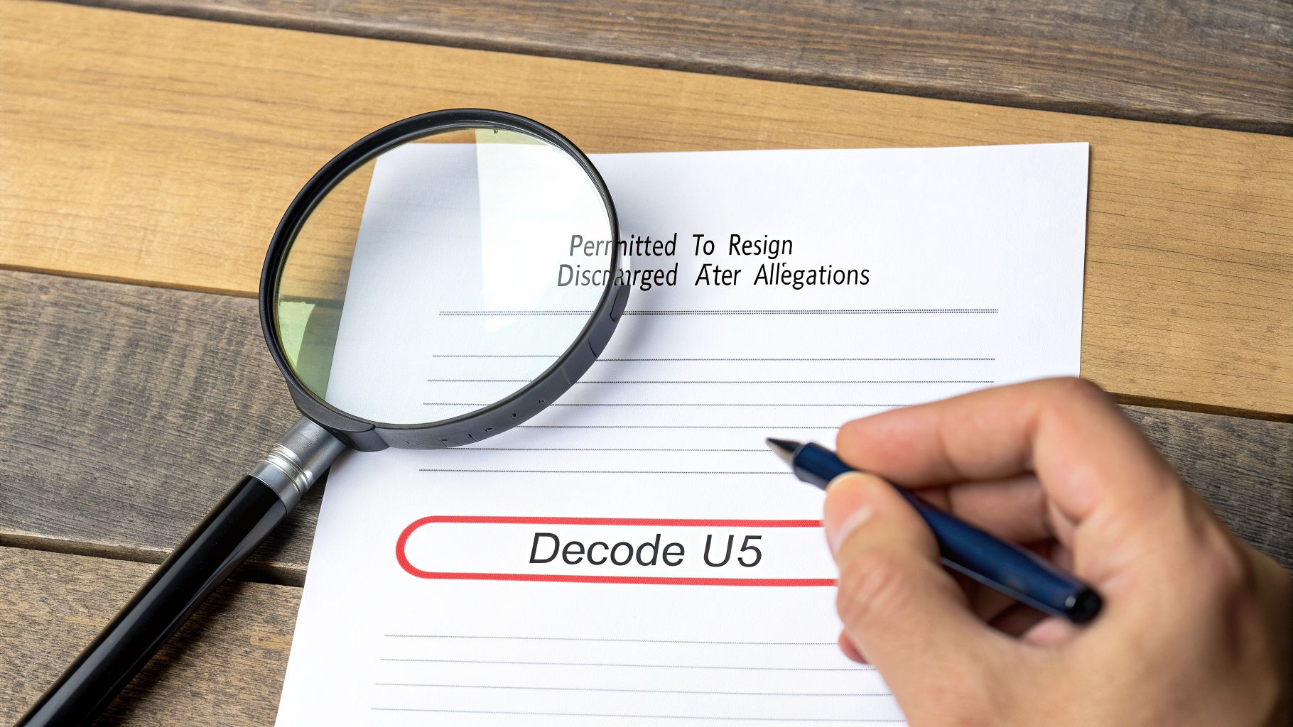 A magnifying glass and pen on a document, highlighting 'Decode U5' and employment termination options.