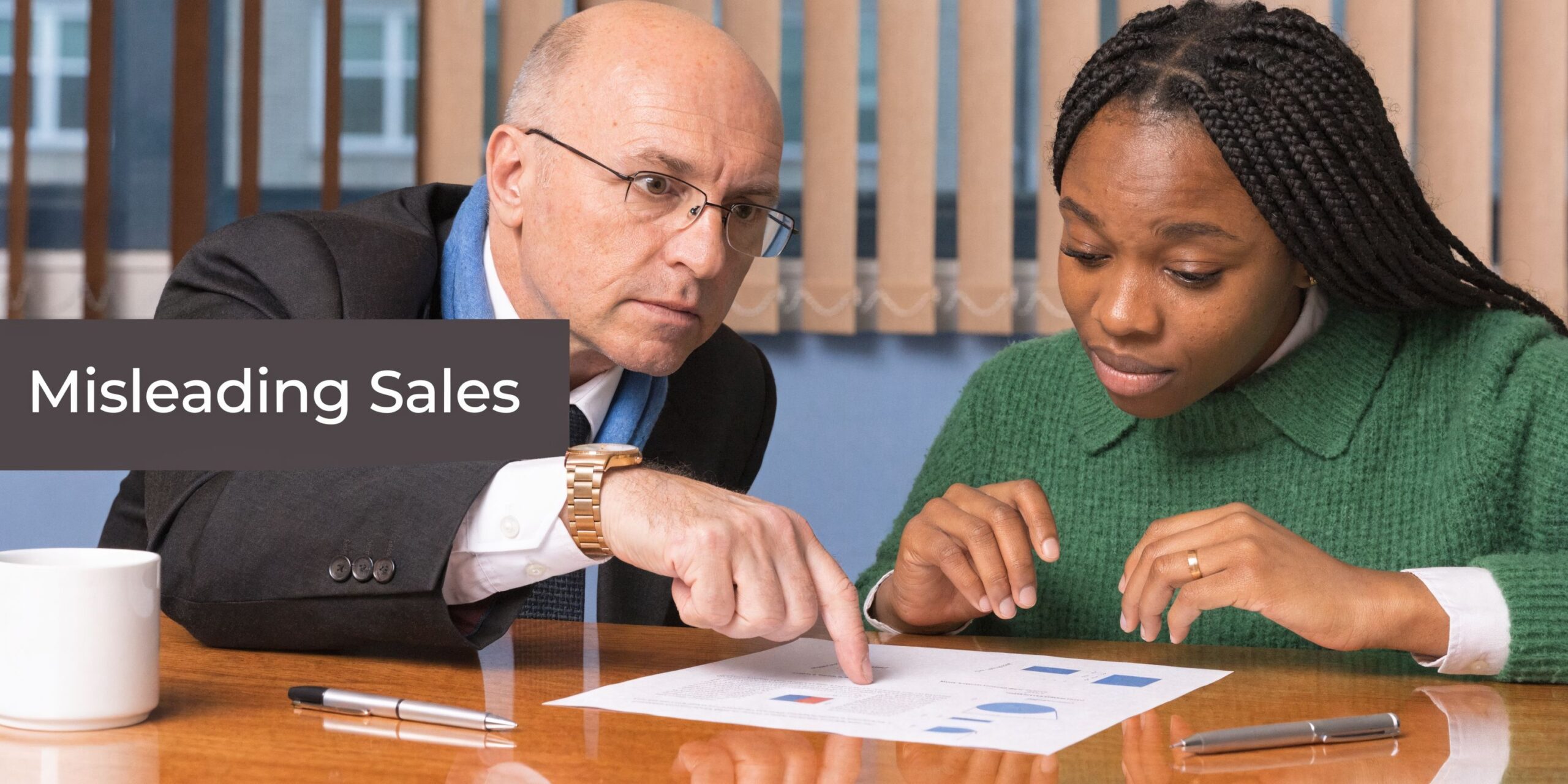 A professional man and woman looking at a business document with charts at an office desk.