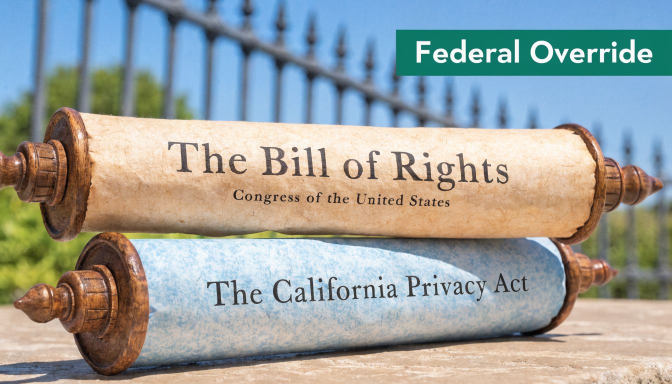 A conceptual image showing a scroll of the Bill of Rights above a California Privacy Act document.