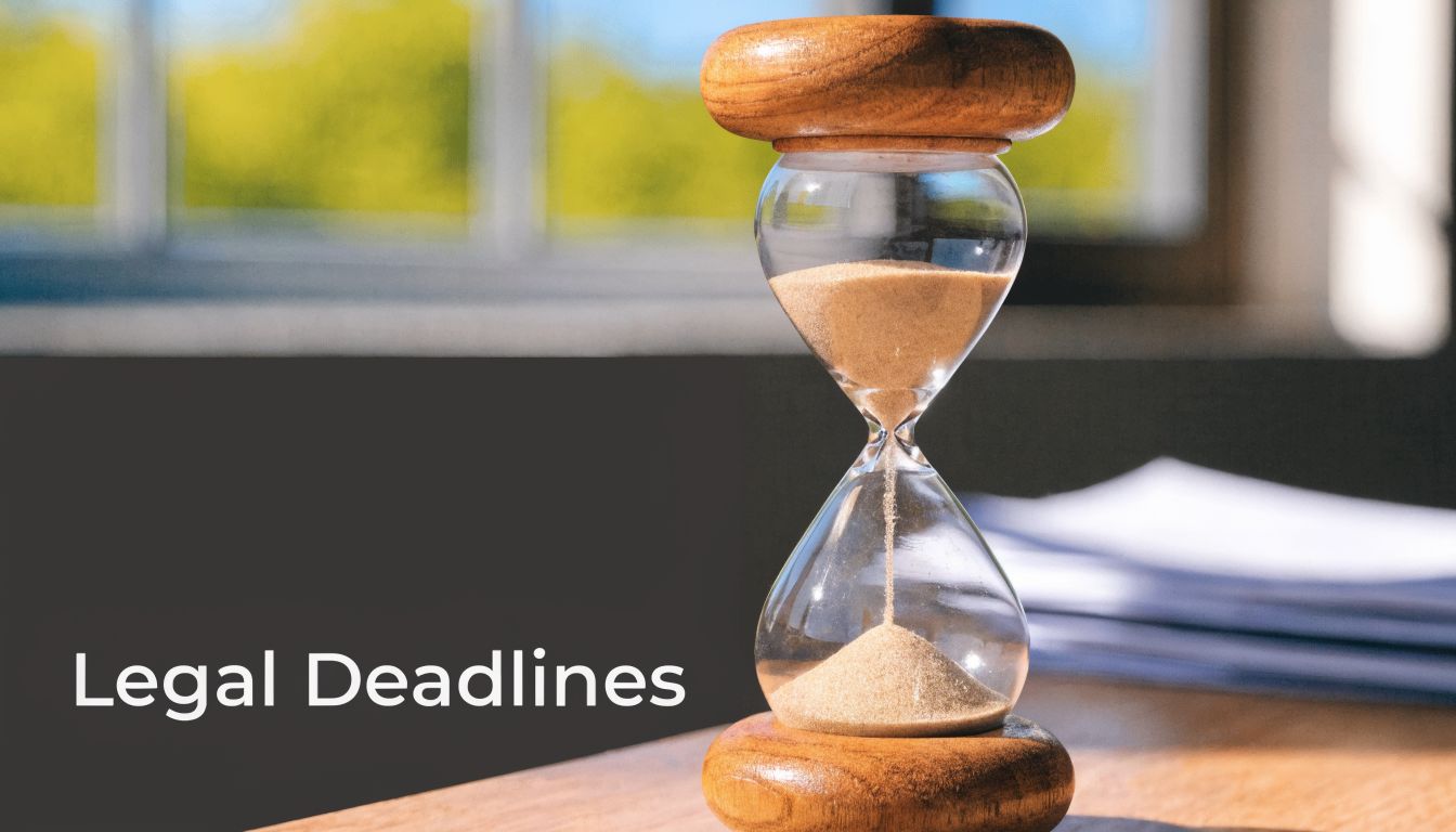 An hourglass on a wooden desk with blurred papers in the background, symbolizing legal deadlines.