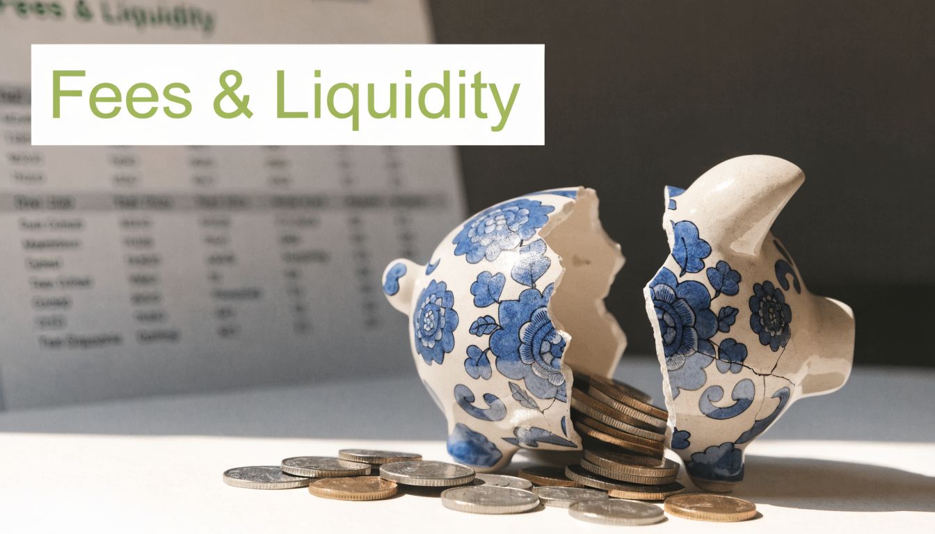 A broken ceramic piggy bank filled with coins rests on a table against a financial chart background.