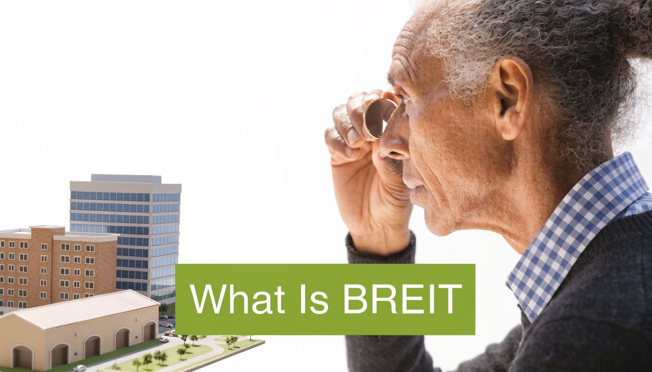 A senior man looks through a magnifying glass at a small scale model of buildings.