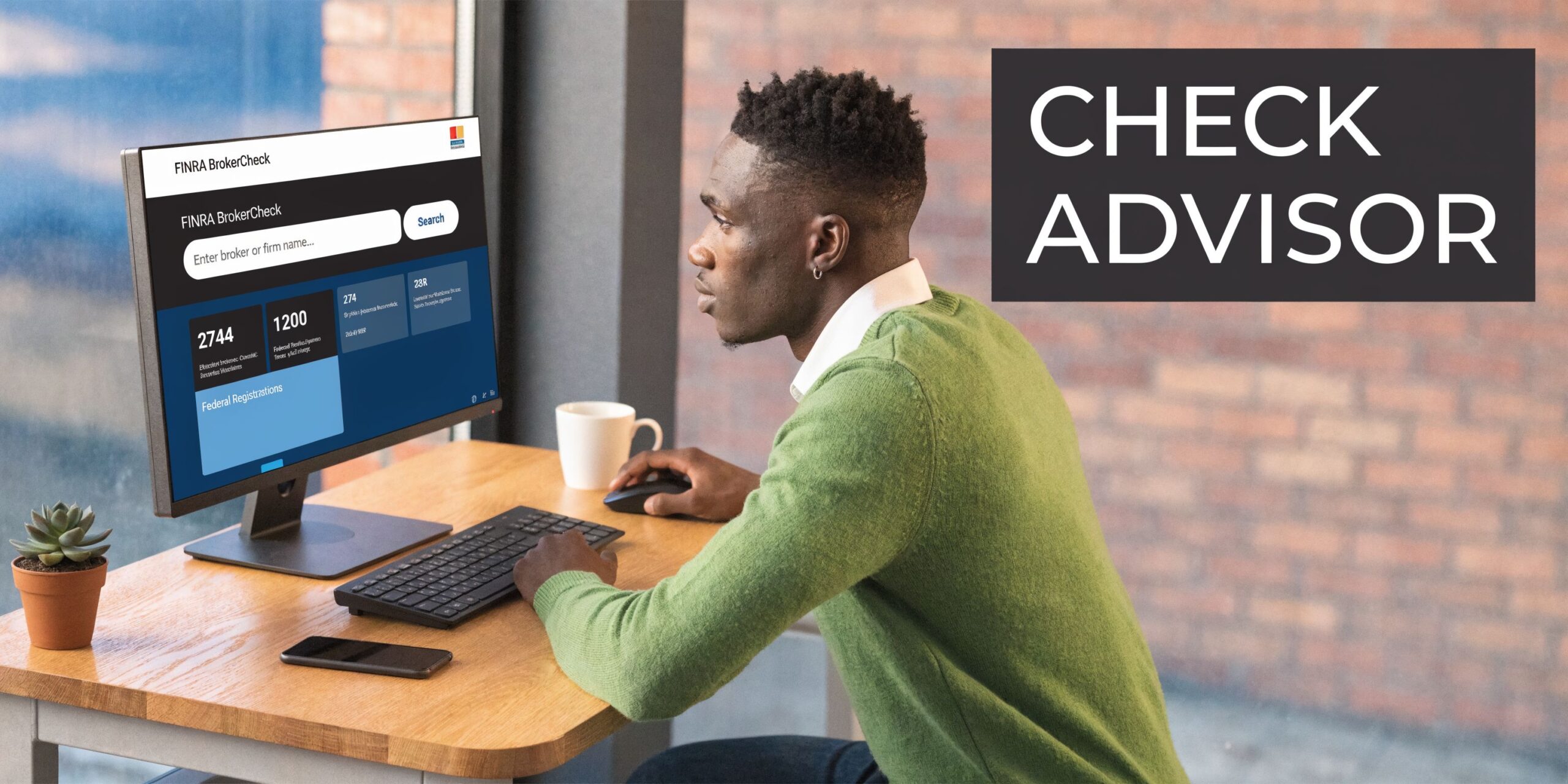 A man using a computer to search for investment professionals on the FINRA BrokerCheck website.