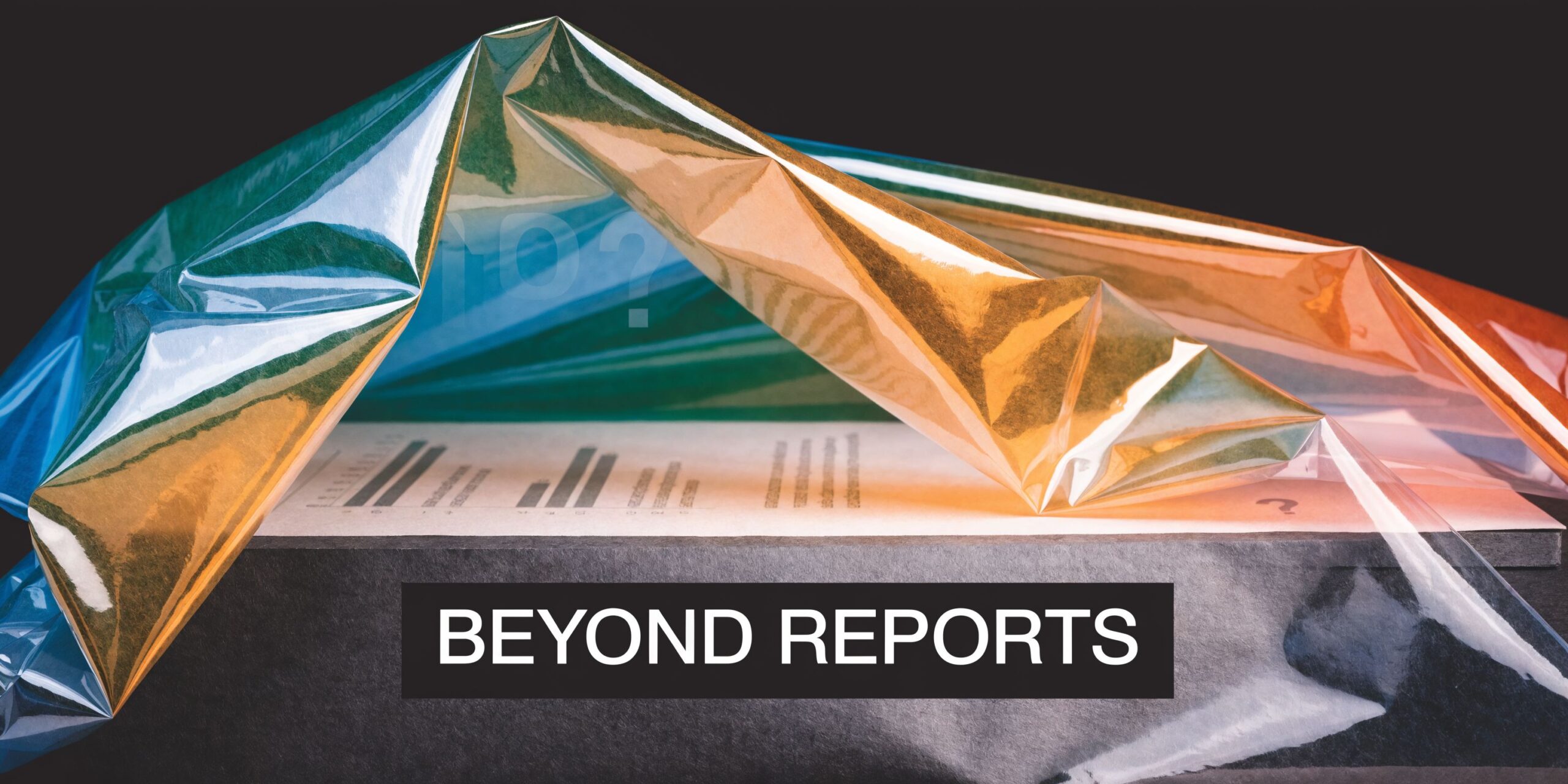 A stack of professional business reports covered by a translucent, iridescent plastic film on a black background.