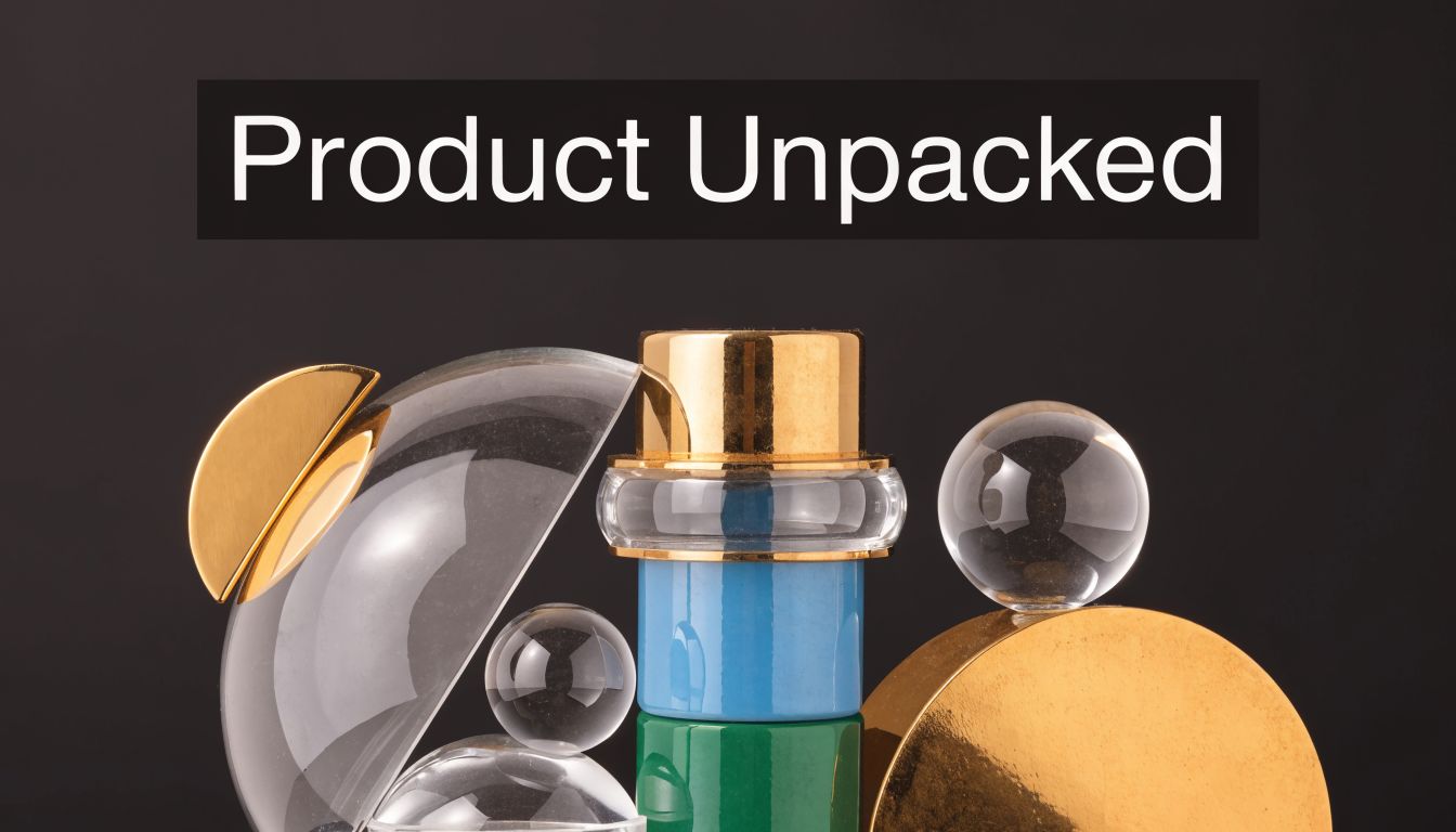 Abstract composition featuring geometric shapes including glass spheres, golden elements, and colorful cylindrical pillars on black background.