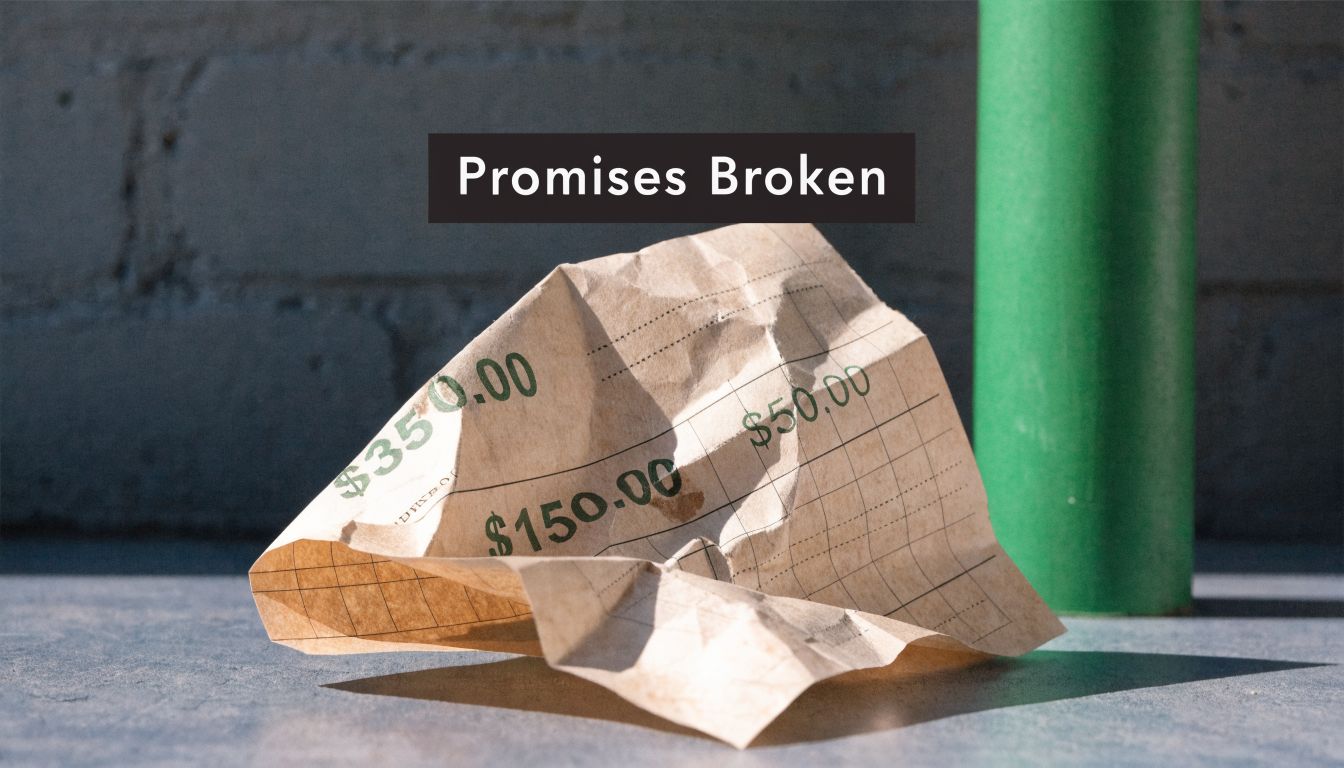 A crumpled piece of paper with currency amounts written on it, set against a concrete background.