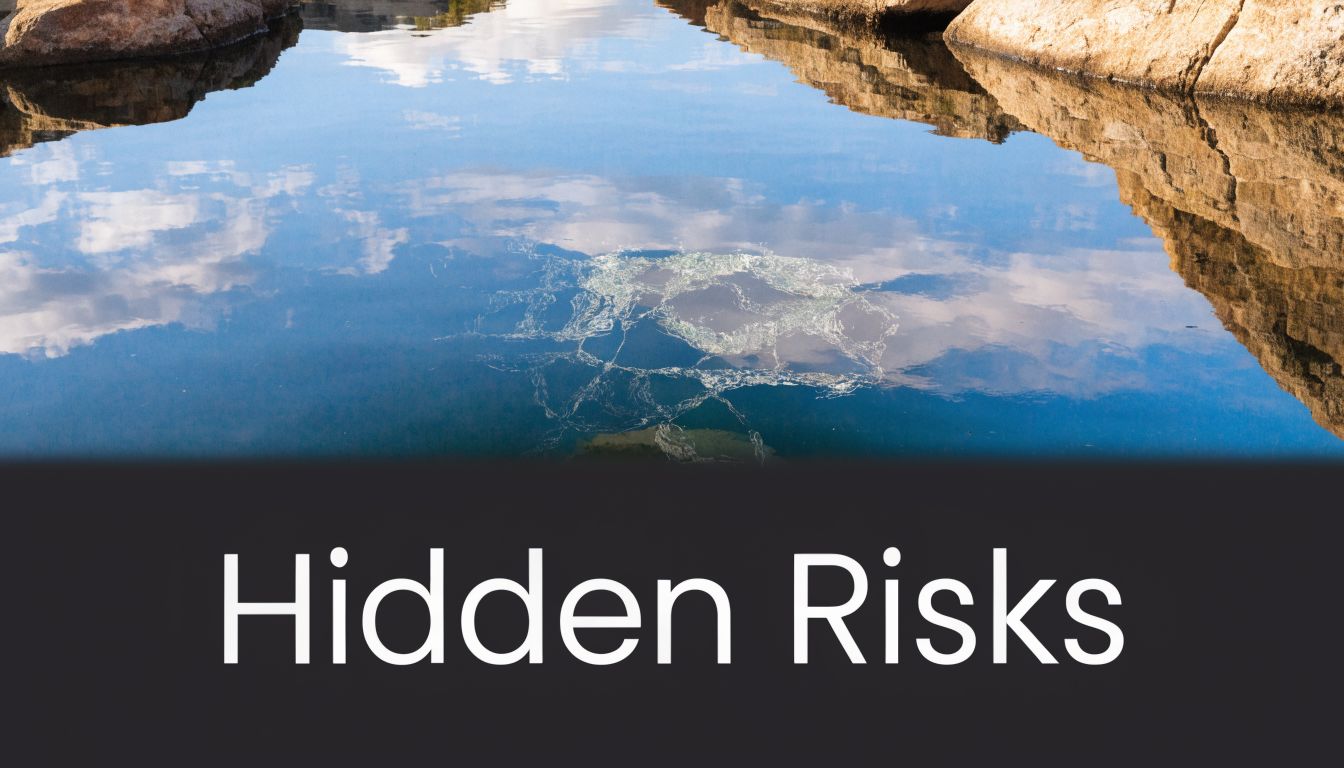 A calm, deep blue pool of water surrounded by rocky cliffs with the title Hidden Risks.