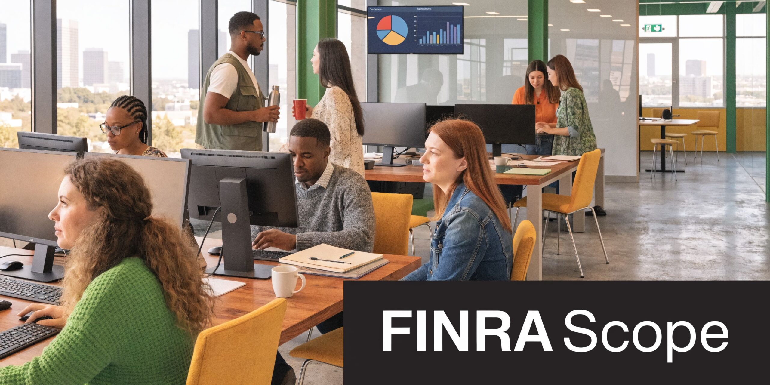 A diverse team of professionals working in a bright, modern office space with large windows and desks.