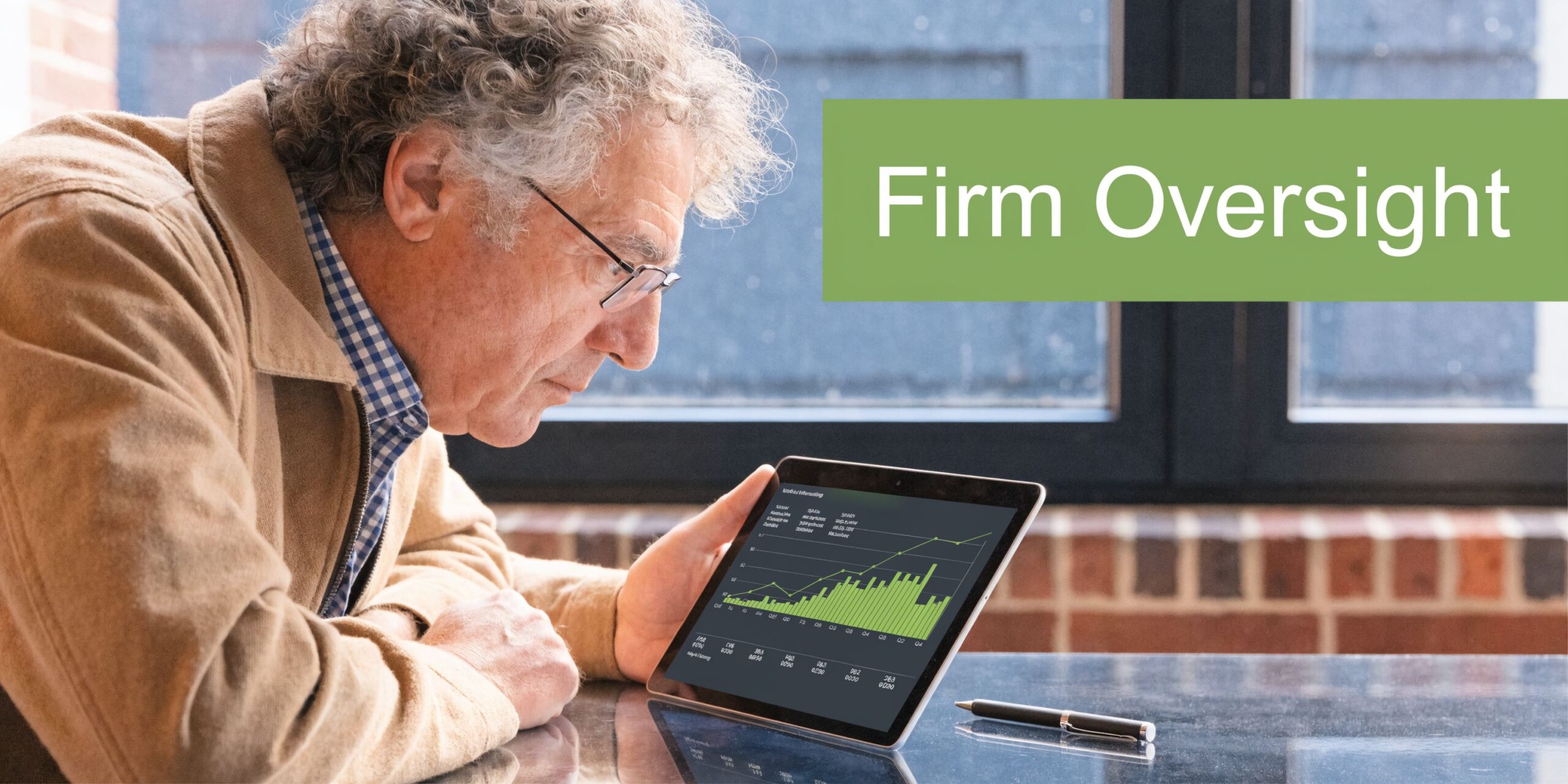 An older man wearing glasses carefully examining financial performance data on a digital tablet screen.