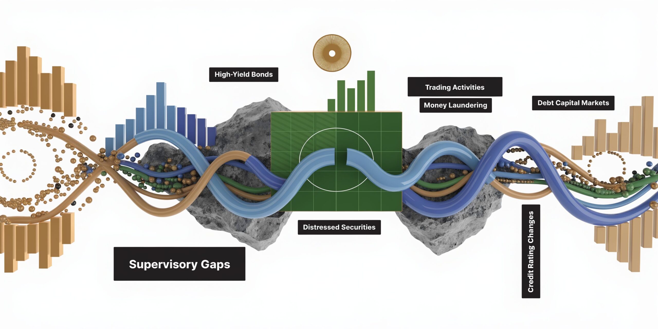 A conceptual 3D graphic showing financial data flows, market risks, and regulatory supervisory gaps with abstract elements.
