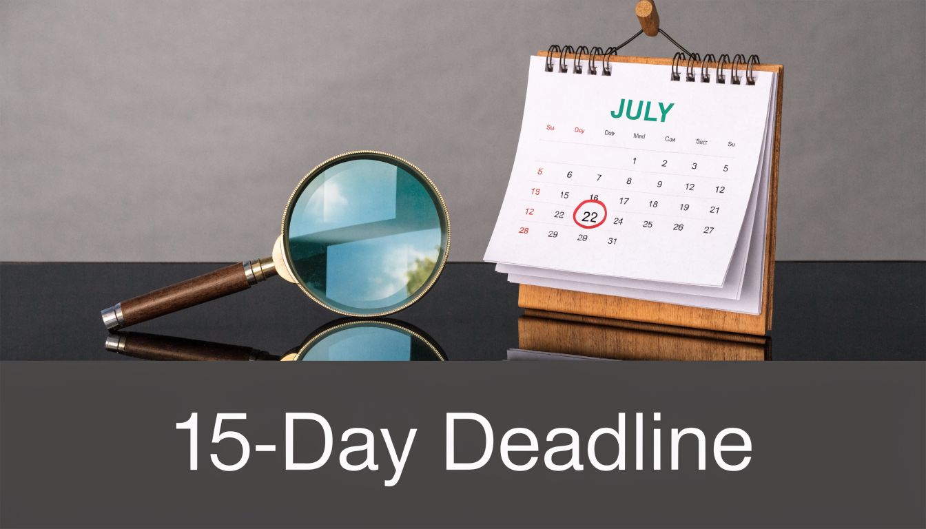 A magnifying glass placed next to a July calendar with the date circled, representing a 15-day deadline.