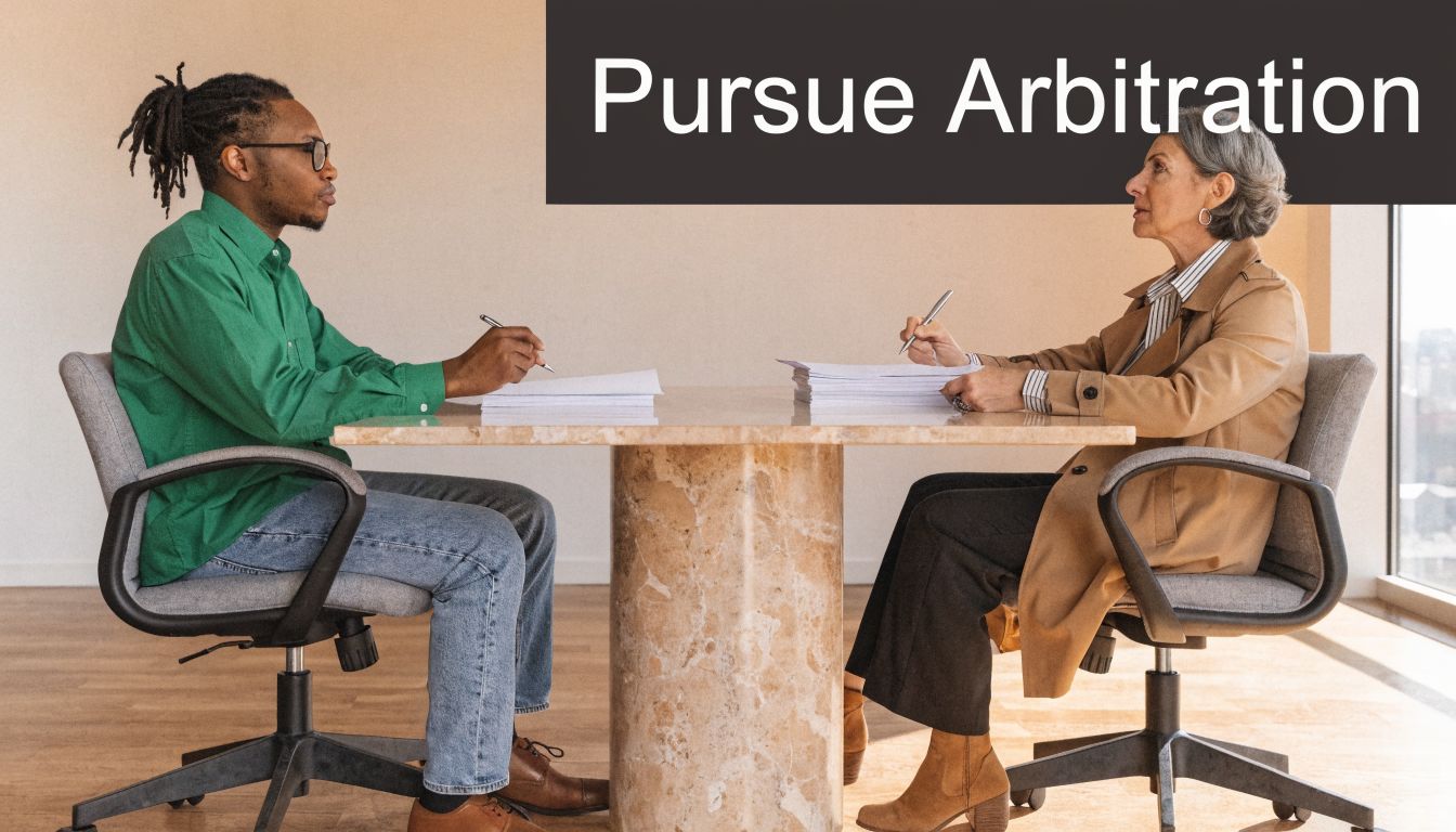 A man and an older woman sitting at a table with documents, engaged in a professional arbitration meeting.