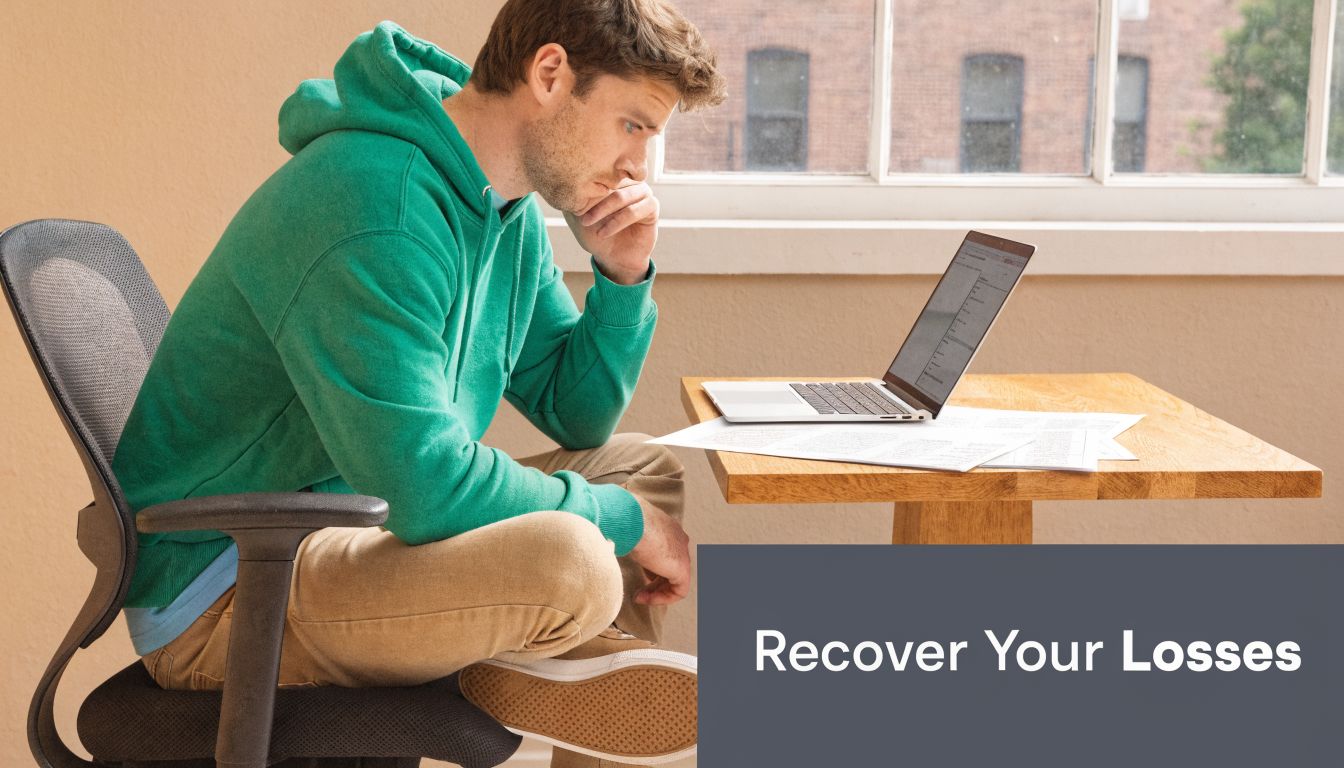 A man in a green hoodie sitting in a chair looking stressed at his laptop computer