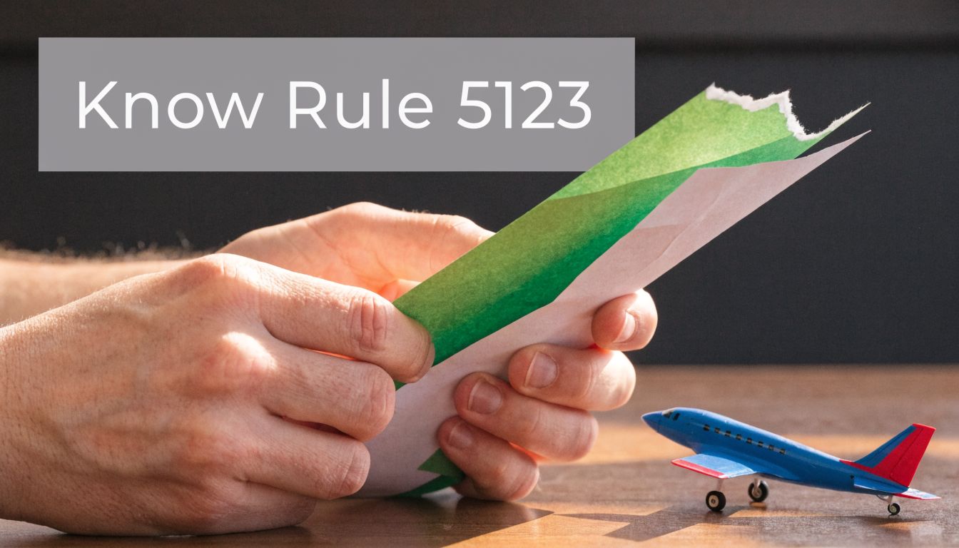 A person holding a green and white paper with a toy airplane resting on a wooden desk.