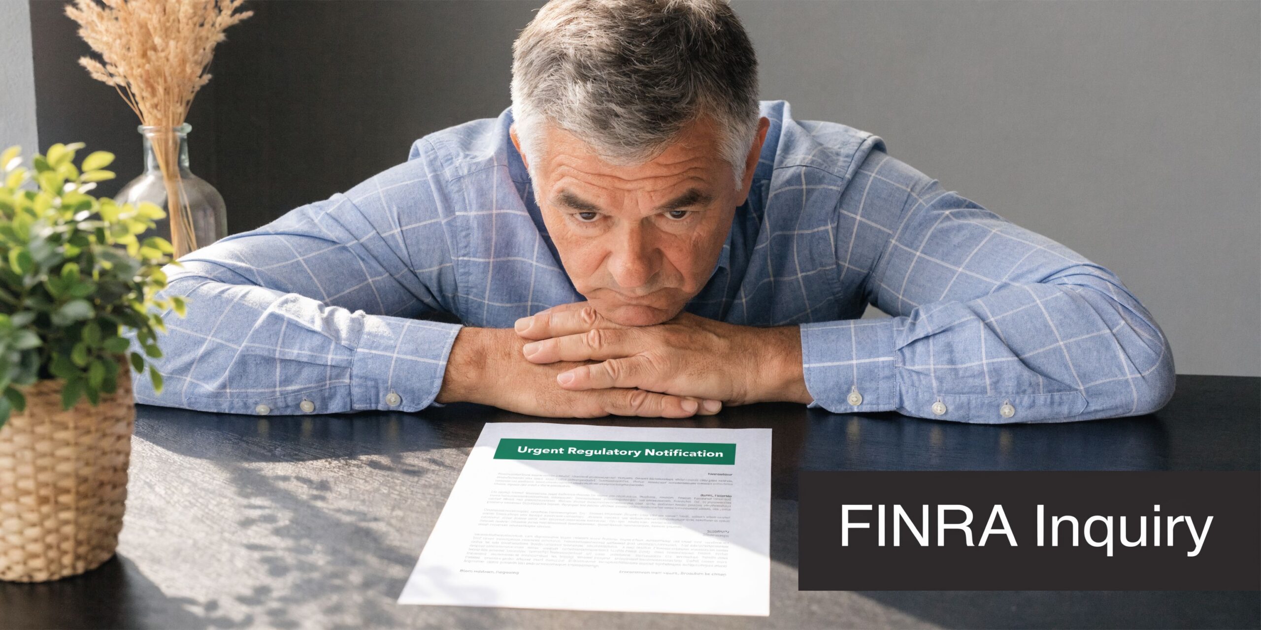 A concerned businessman looking at an urgent regulatory notification document representing a stressful FINRA inquiry.