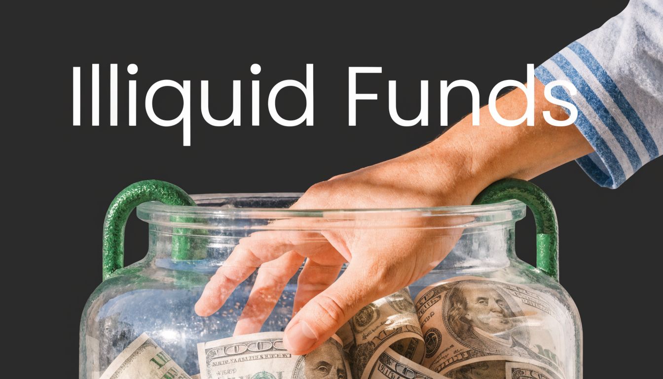 A hand reaching into a glass jar filled with US dollar bills, representing illiquid funds concept.